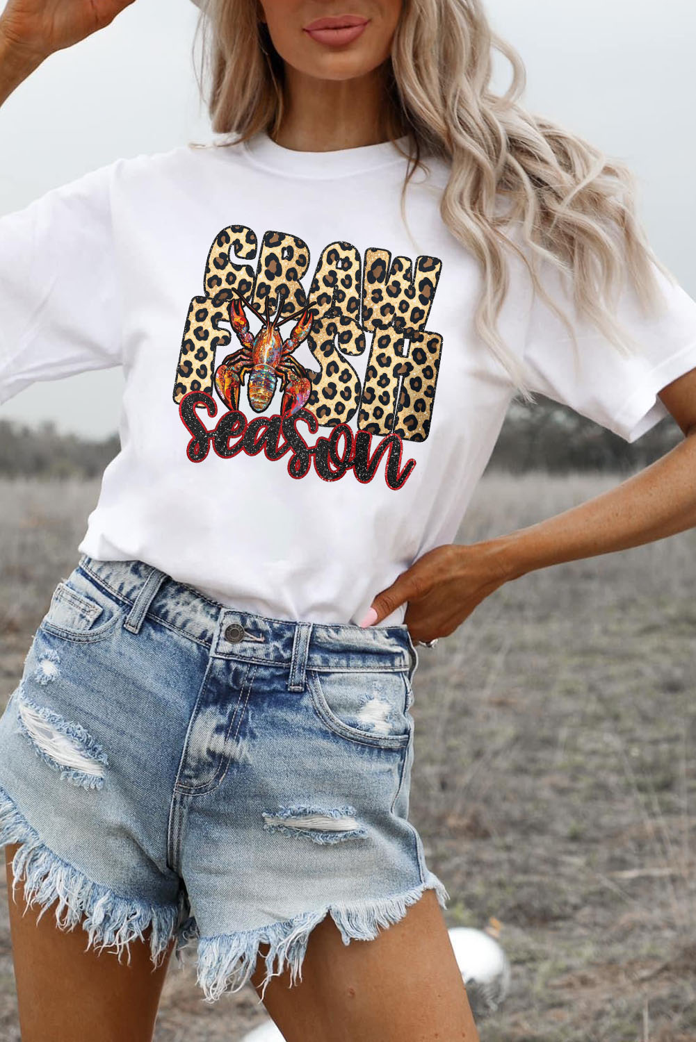White Crawfish Season Leopard Letter Graphic Tee