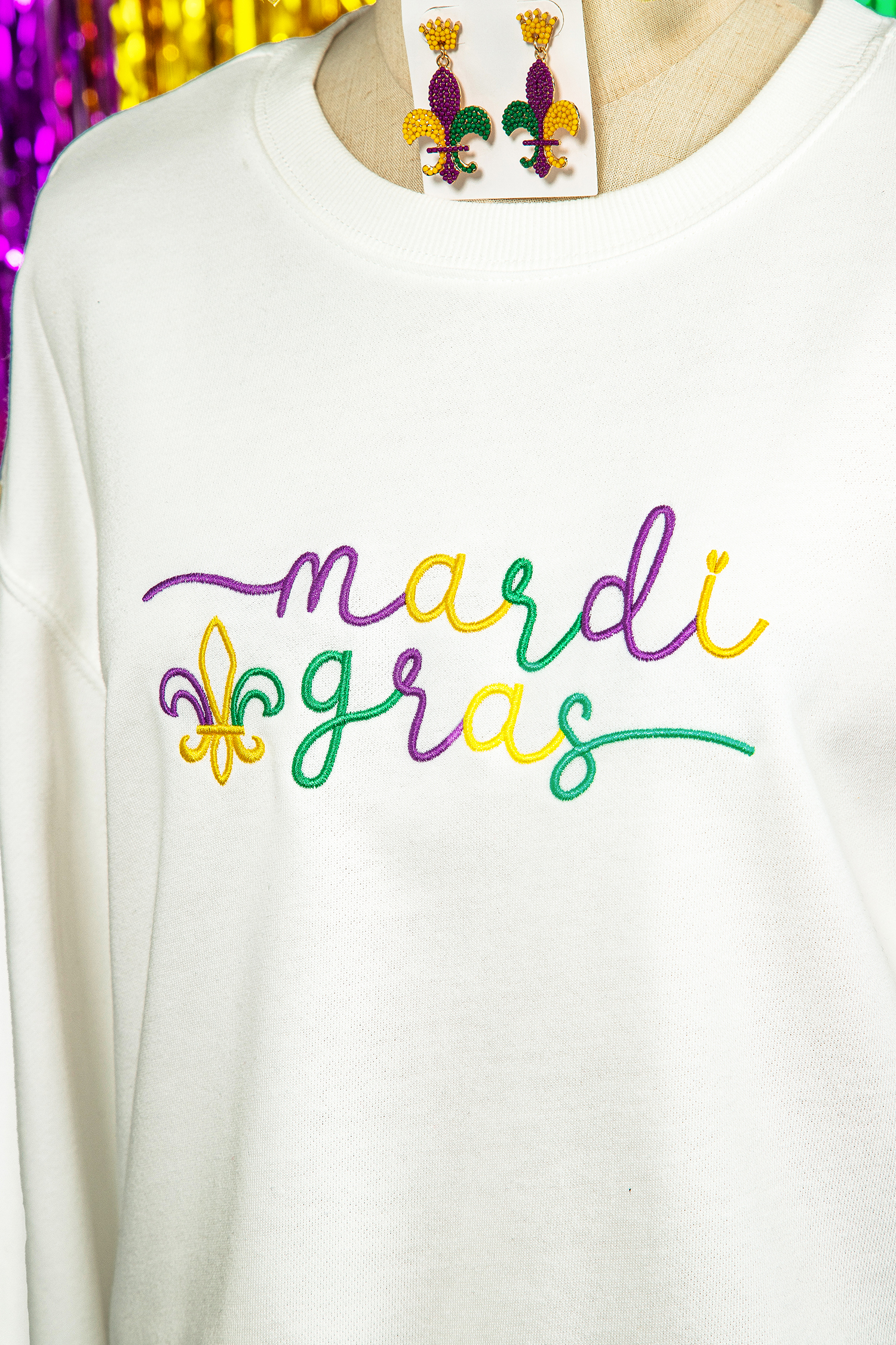 White mardi gras Fleur De Lis Embroidered Graphic Pullover Sweatshirt
