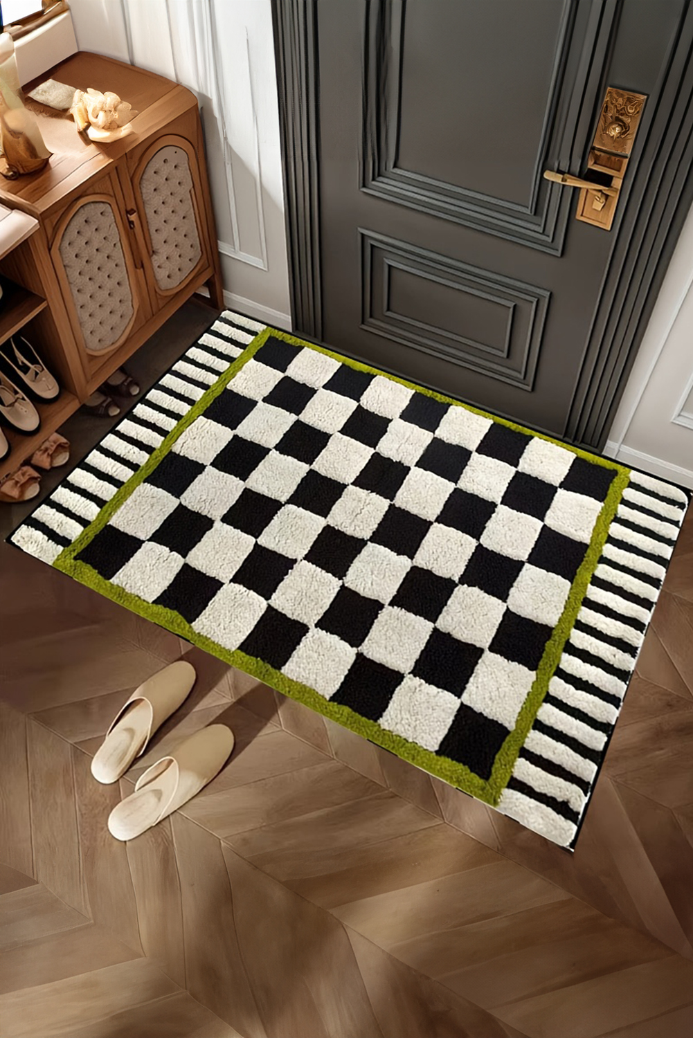 Spinach Green Square Trim Plush Checkered Striped Bath Rug