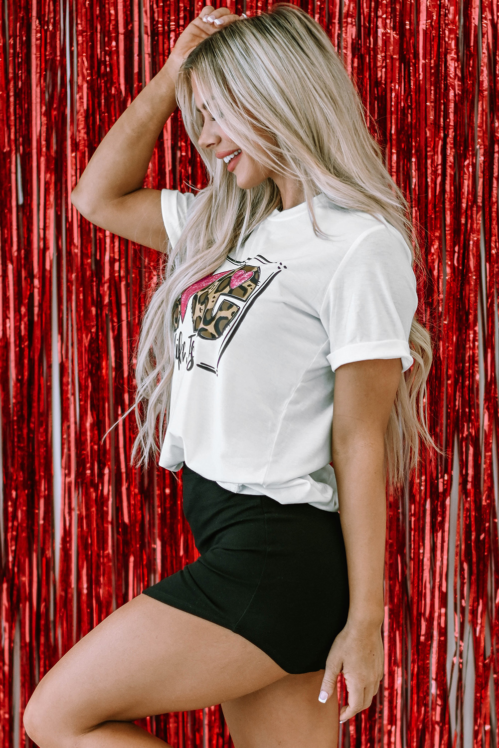 Red Leopard Striped Heart Shaped Print Crew Neck T Shirt