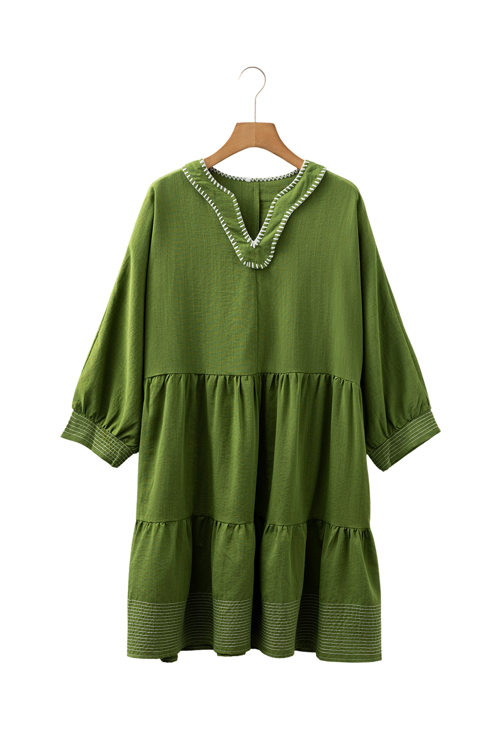 Black Contrast Stitched V Neck 3/4 Sleeve Tiered Mini Dress