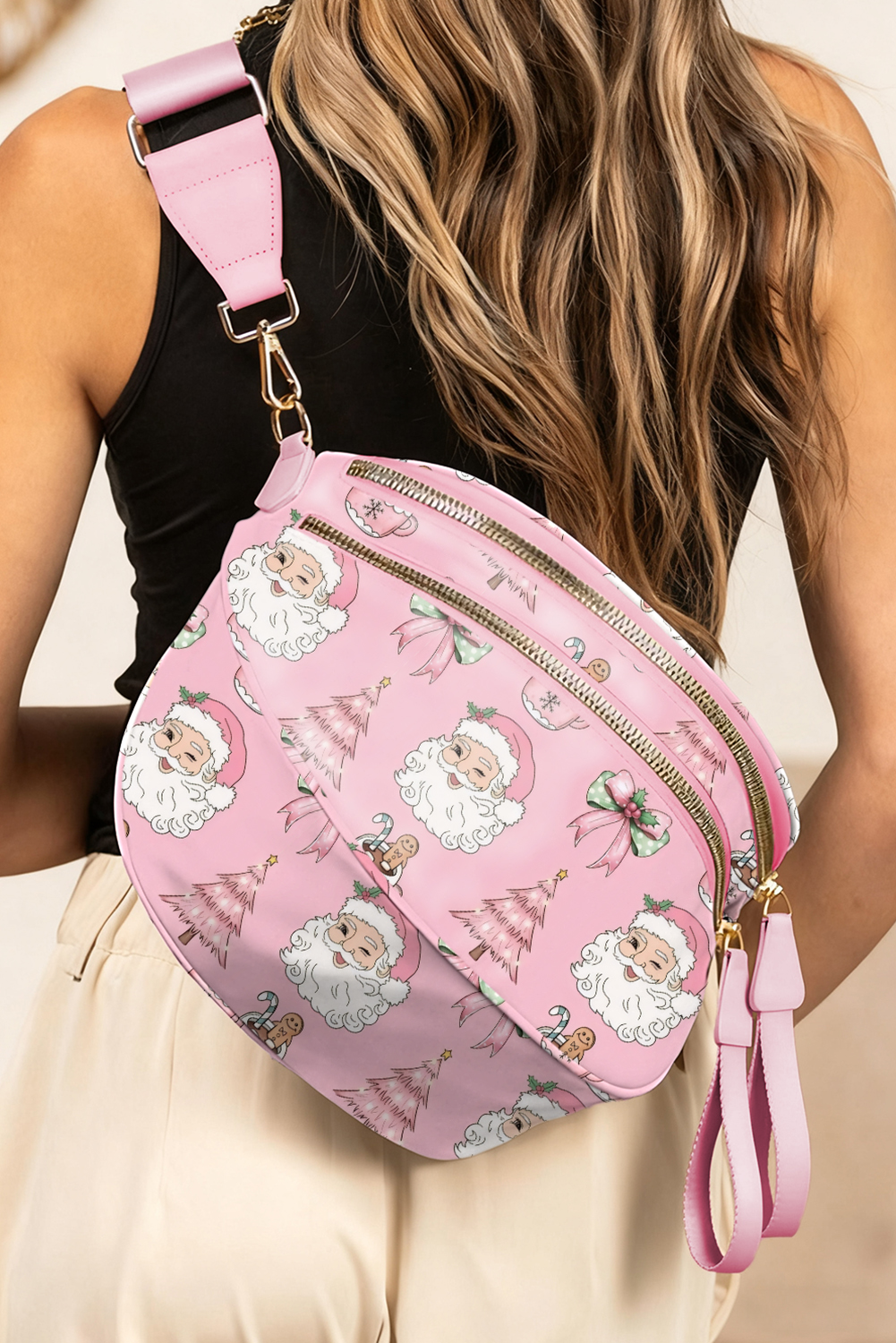 Fiery Red Christmas Theme Double Zip PU Leather Crossbody Bag