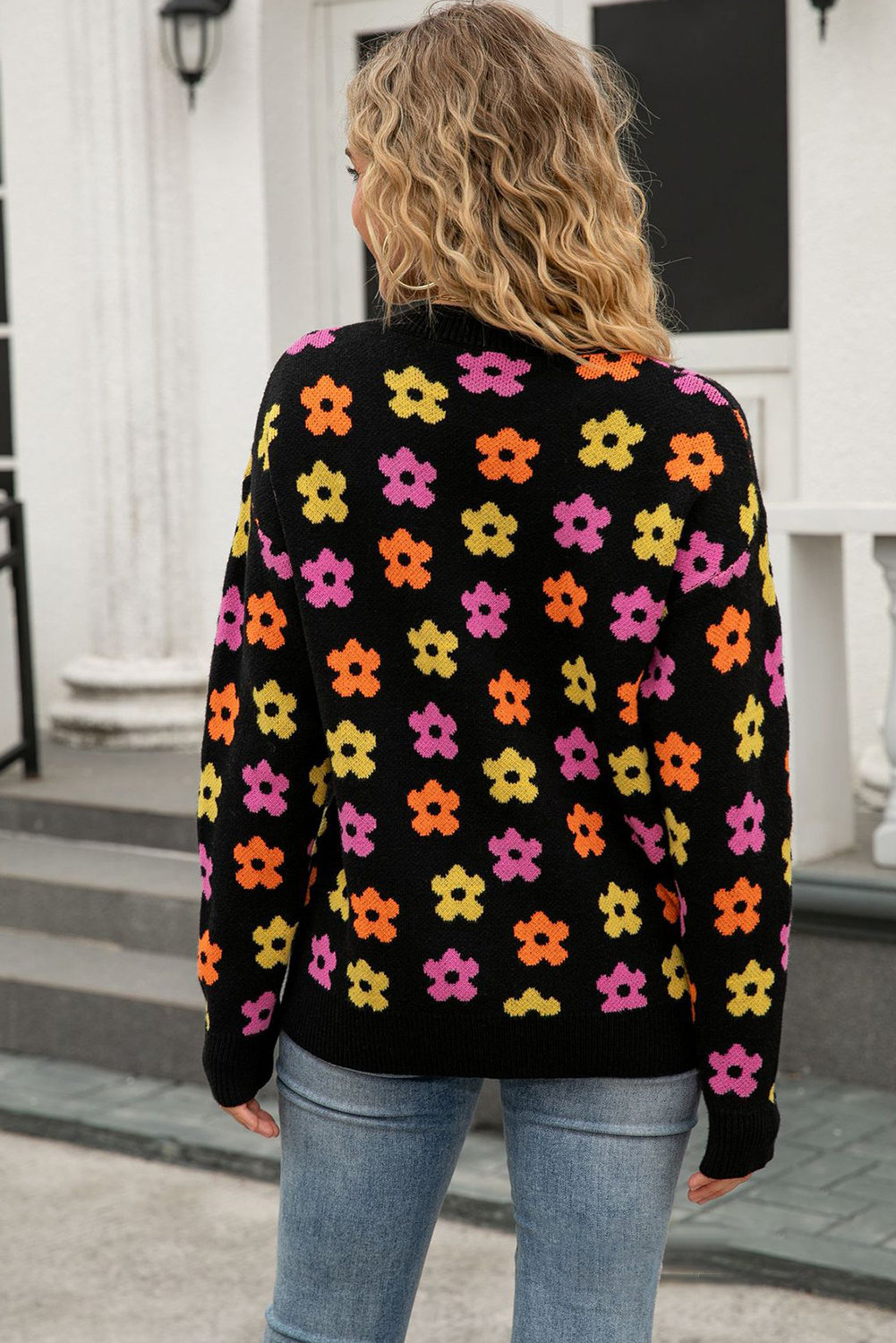 Apricot Cute Flower Allover Ribbed Trimmed Drop Shoulder Pullover Sweater