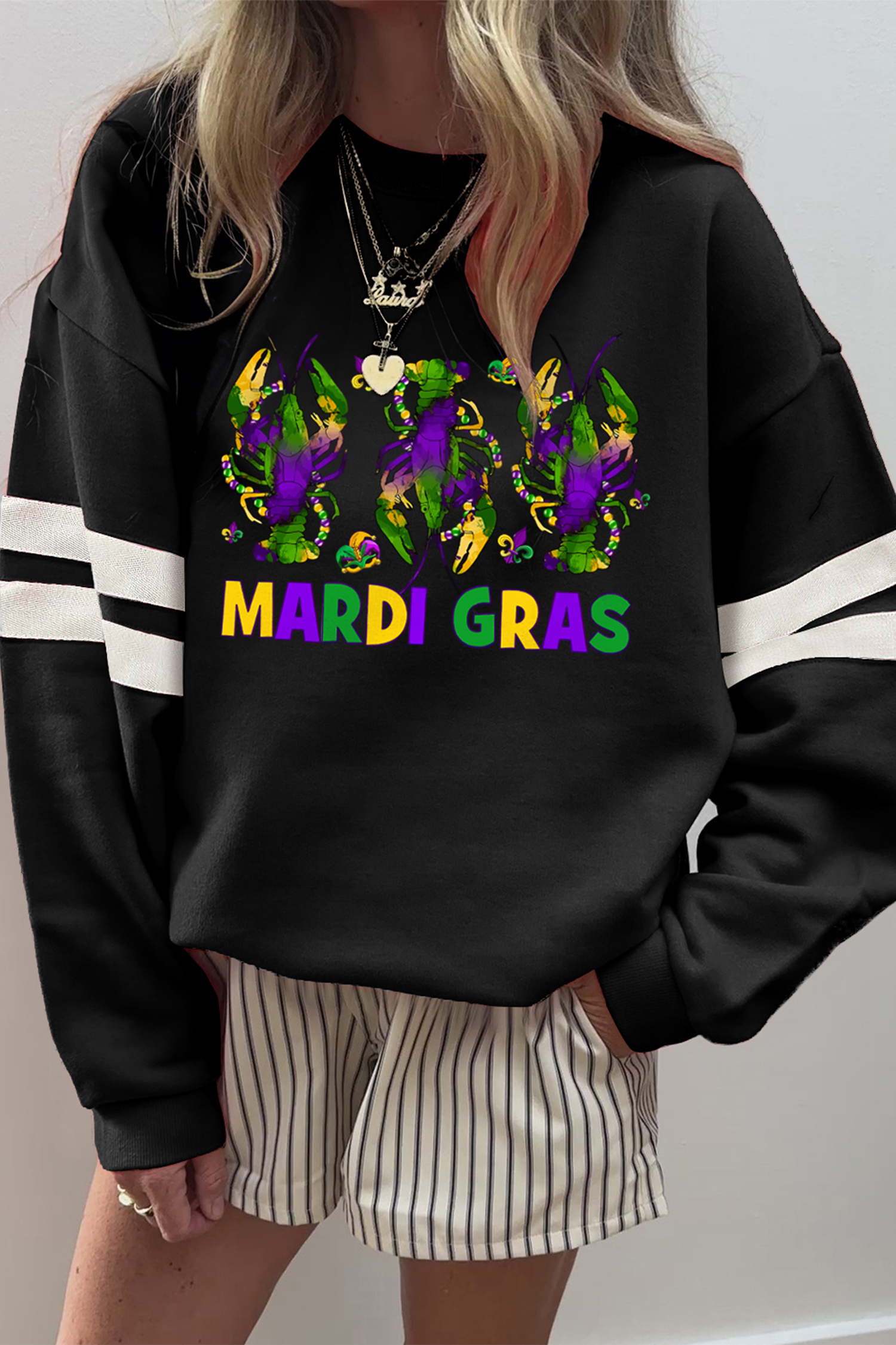 Black Sequin Mardi Crown Dropped Shoulder Varsity Sweatshirt