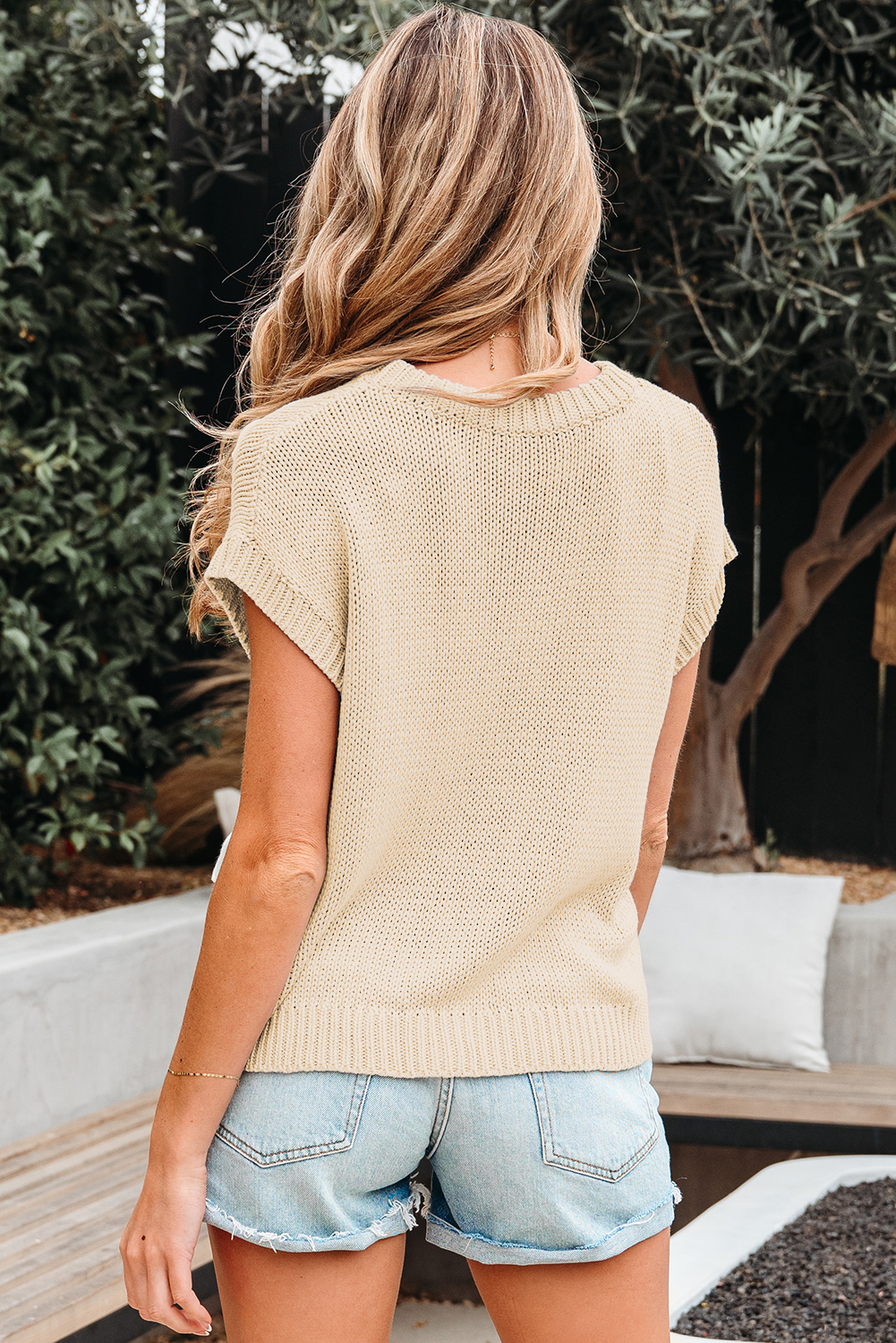 Light Grey Bowknot Applique Cap Sleeve Sweater