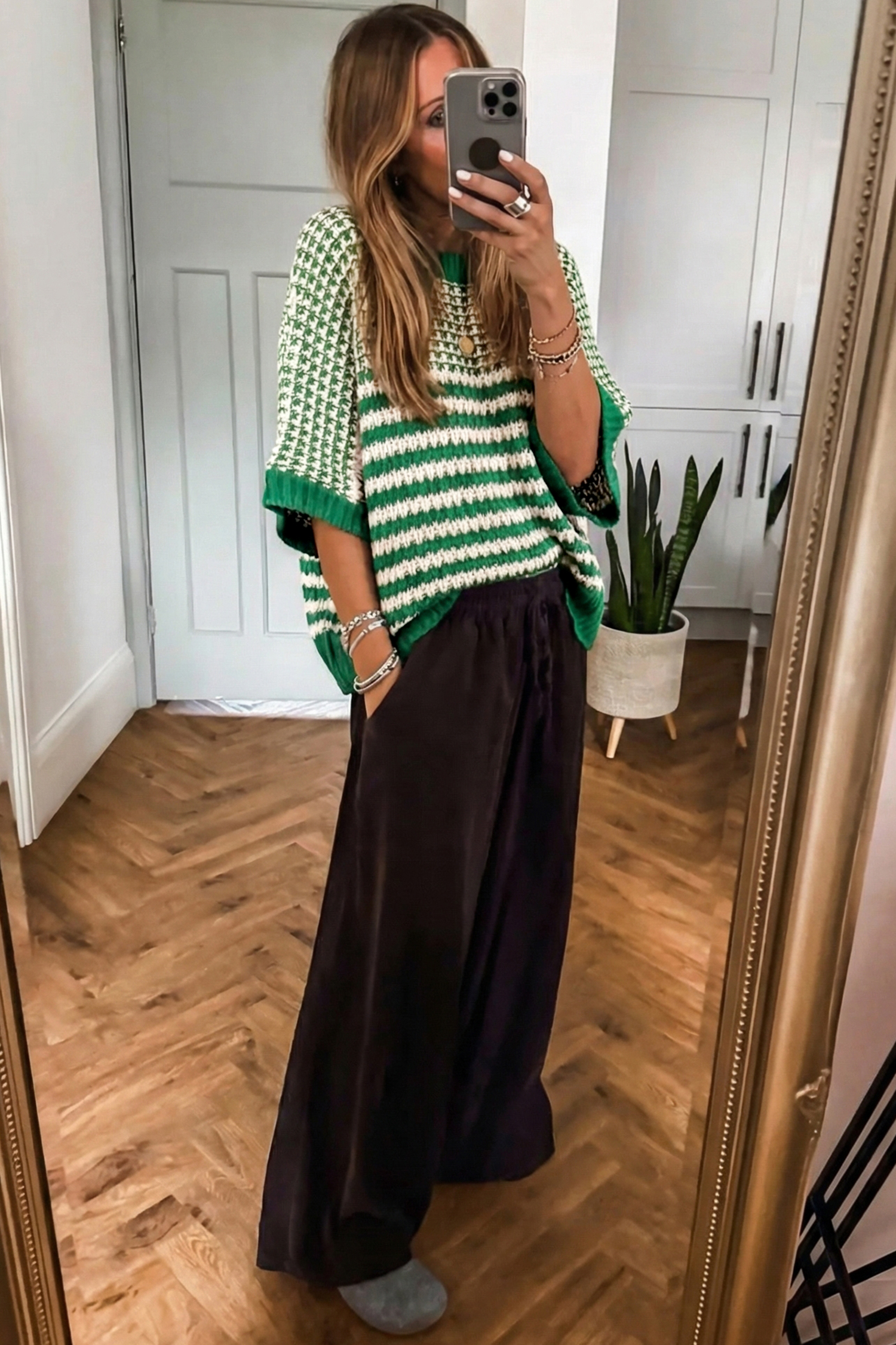 Black Stripe 3/4 Draped Sleeve Slouchy Sweater