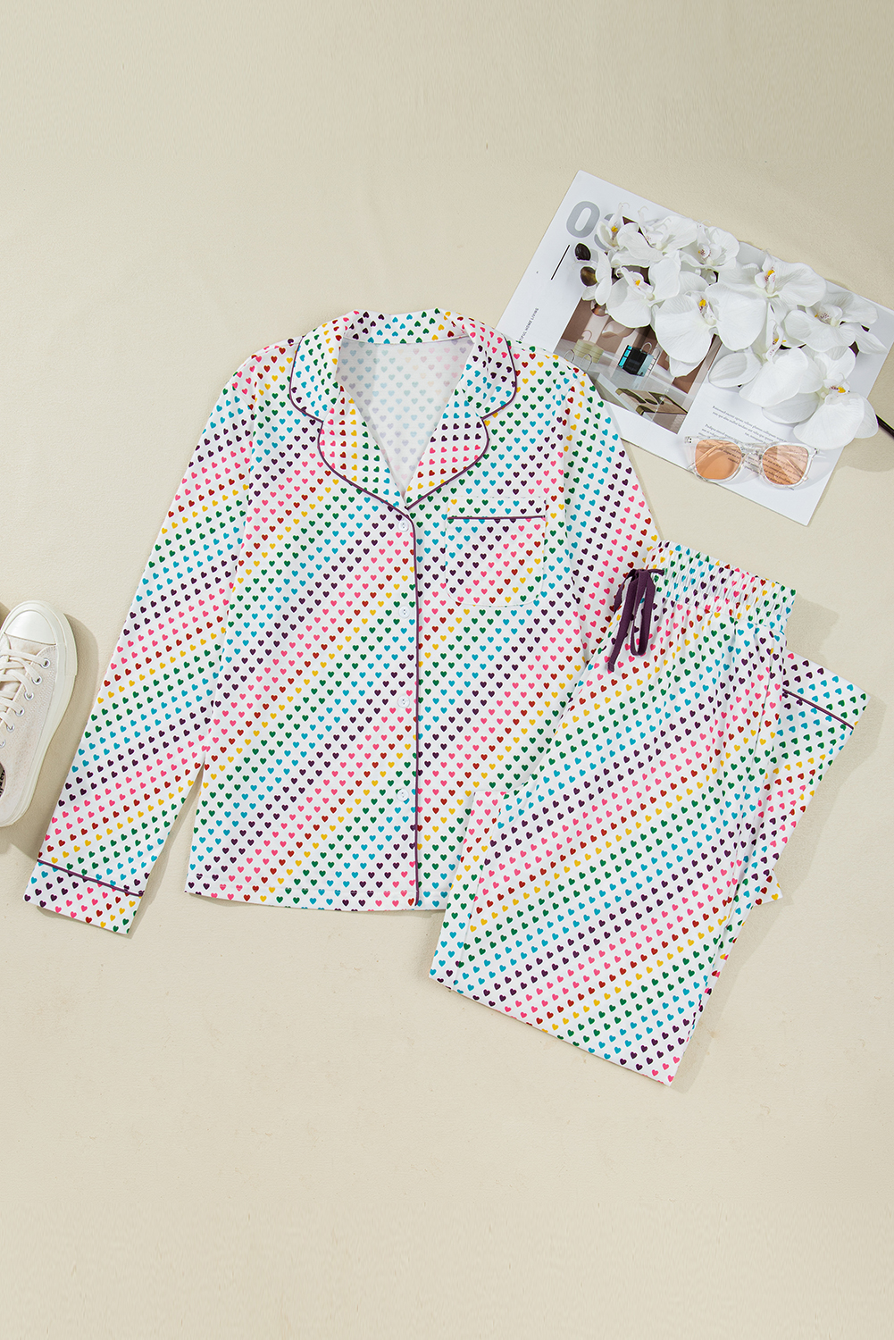 White Pride Heart Print Valentines Long 2pcs Pajama Set