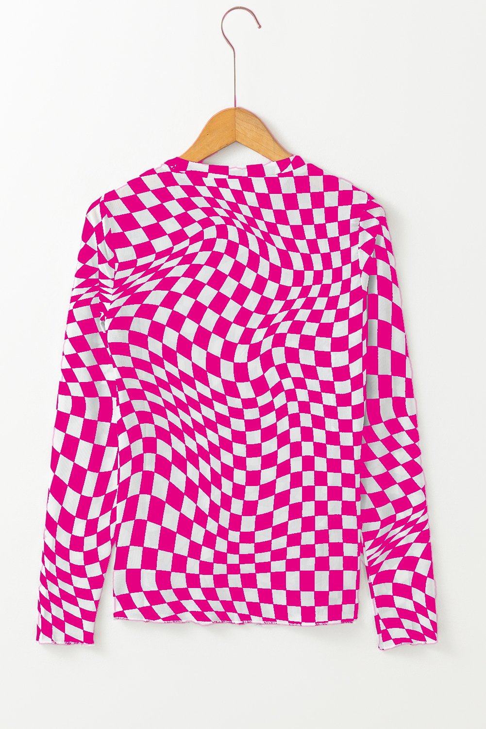 Khaki Checkered Pattern Mesh Mock Neck Long Sleeve Top