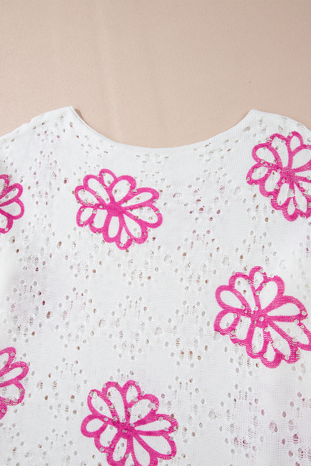 Beige Contrast Flower Print Eyelet Drop Shoulder Sweater