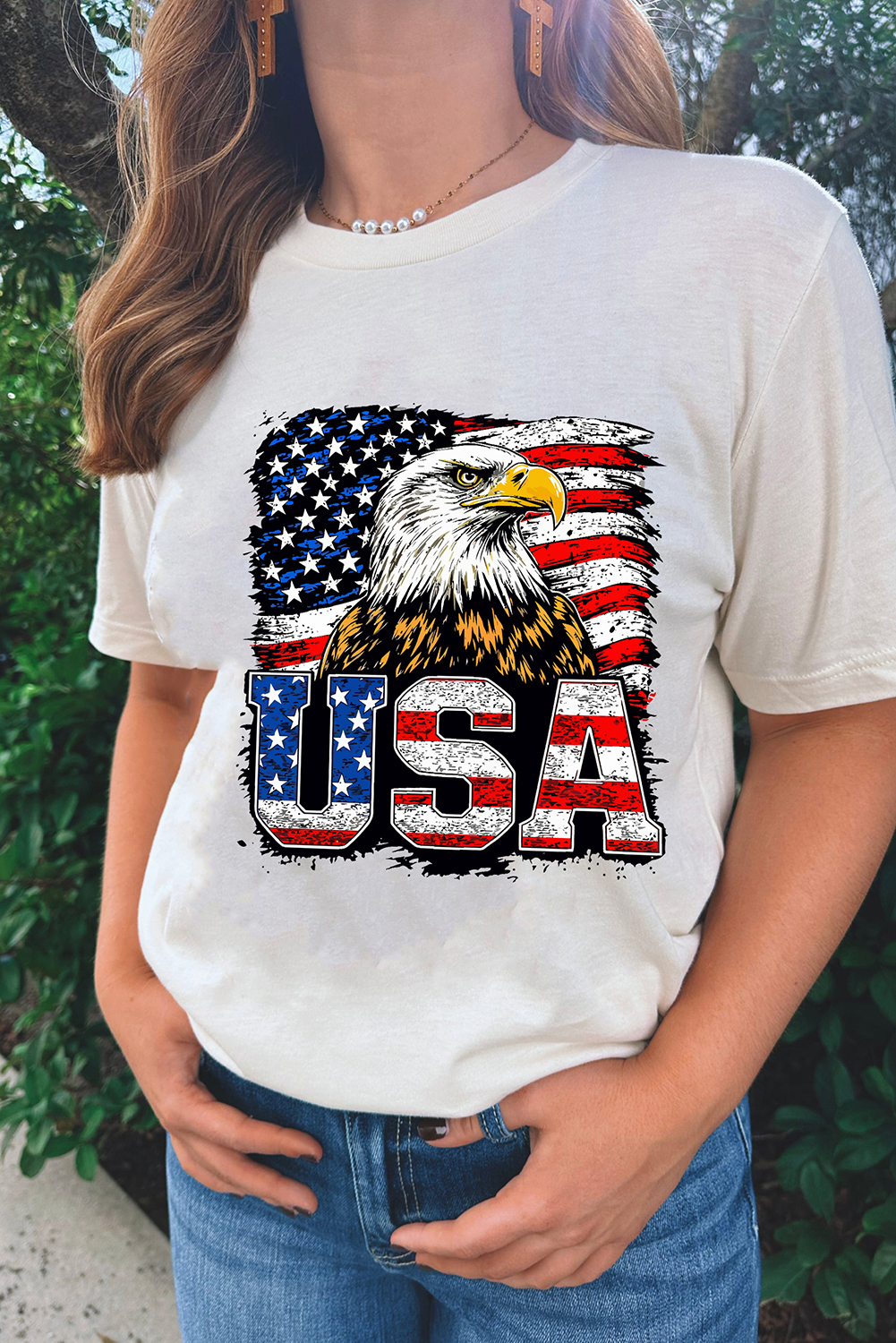 White USA Flag Eagle Graphic 4th July T Shirt