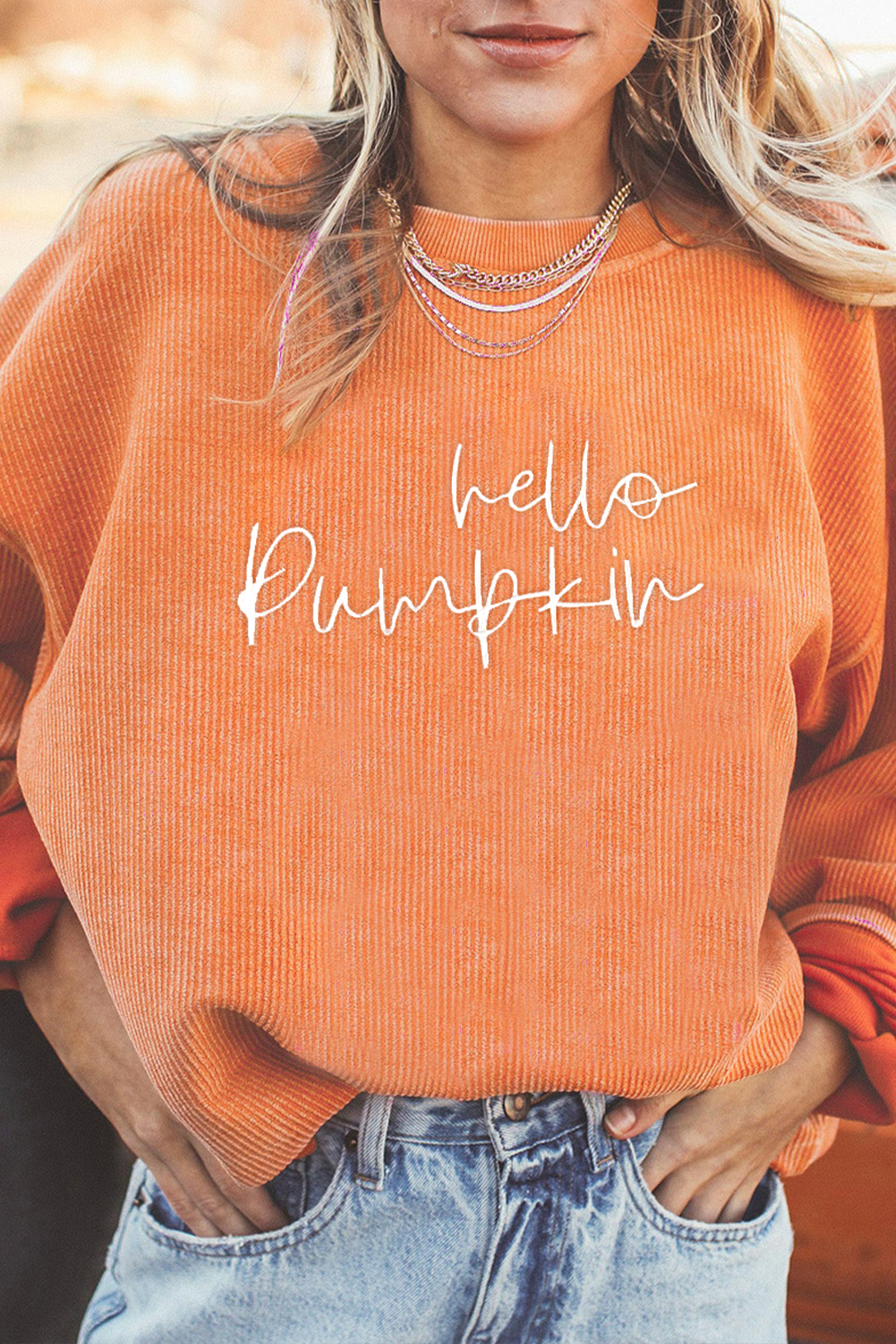 Orange hello pumpkin Letter Embroidered 3D Ribbed Texture Baggy Sweatshirt