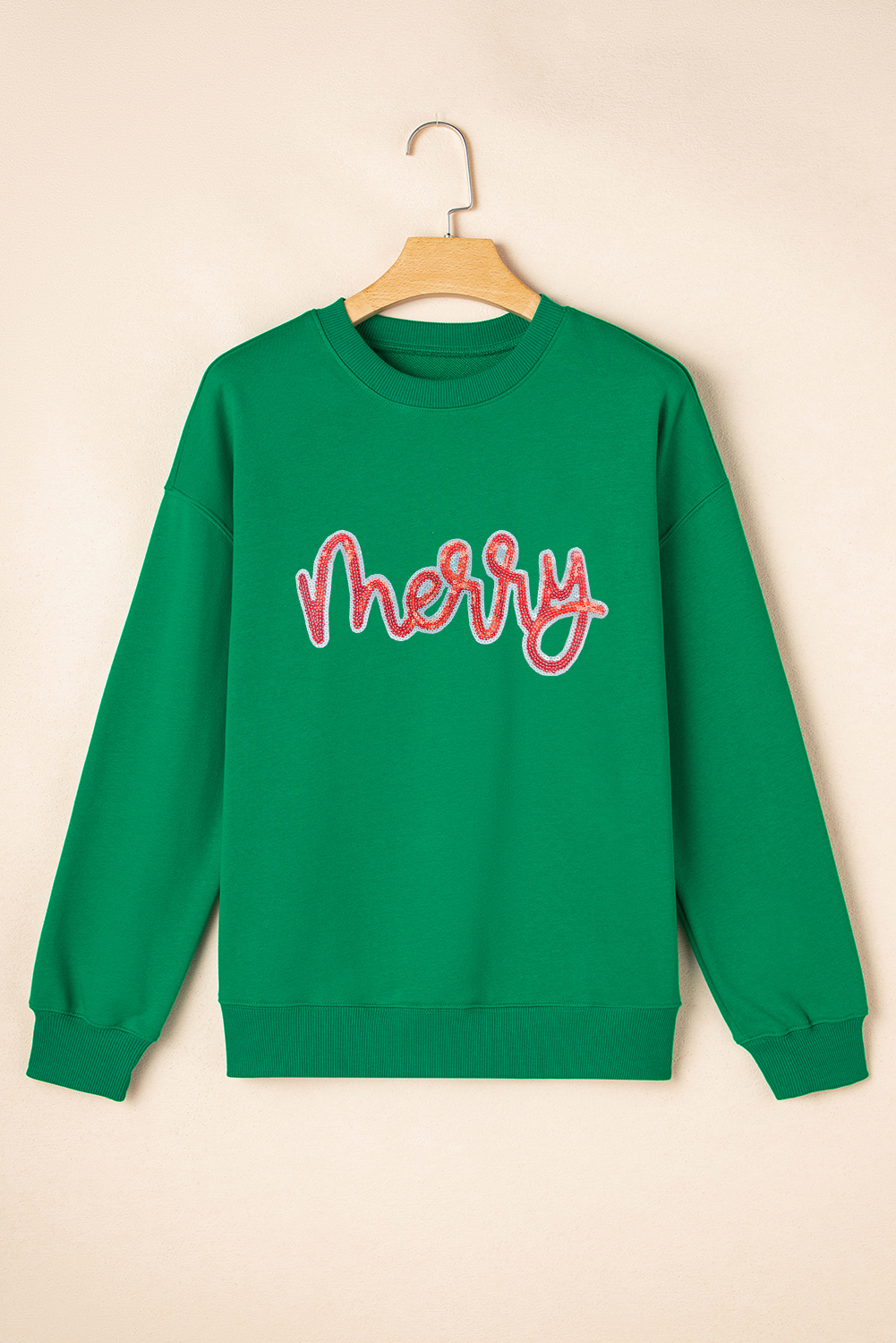 Dark Green merry Sequin Letter Patched Drop Shoulder Baggy Sweatshirt