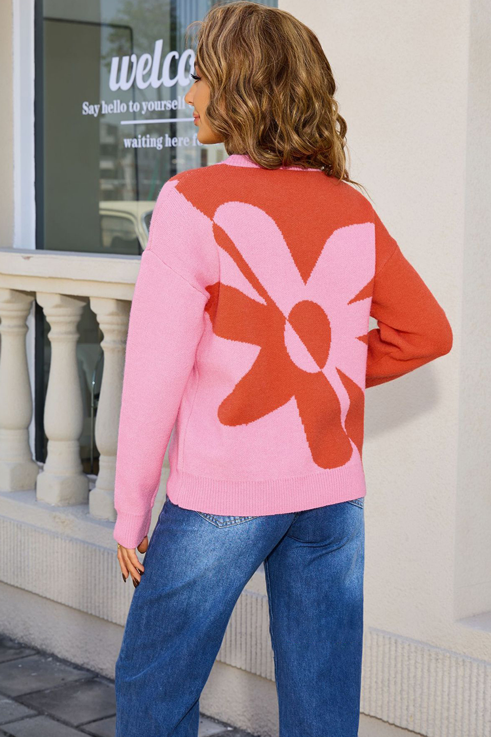 Black 2-tone Contrast Flower Pattern Drop Shoulder Bulk Sweater