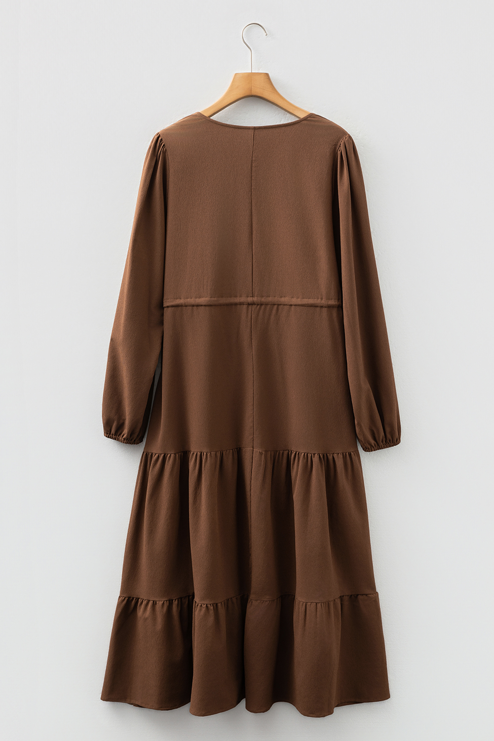 Blackish Green Solid Long Sleeve Button V Neck Tiered Maxi Dress