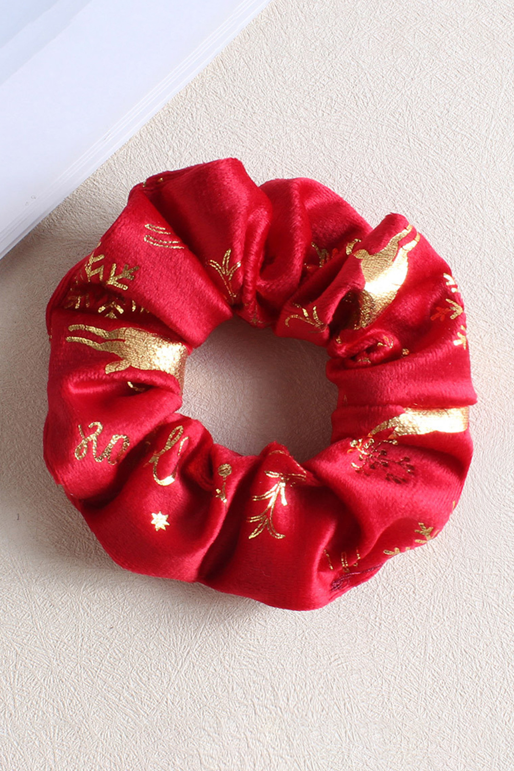 Fiery Red Shimmer Christmas Snowflake Reindeer Print Scrunchie Hair Tie