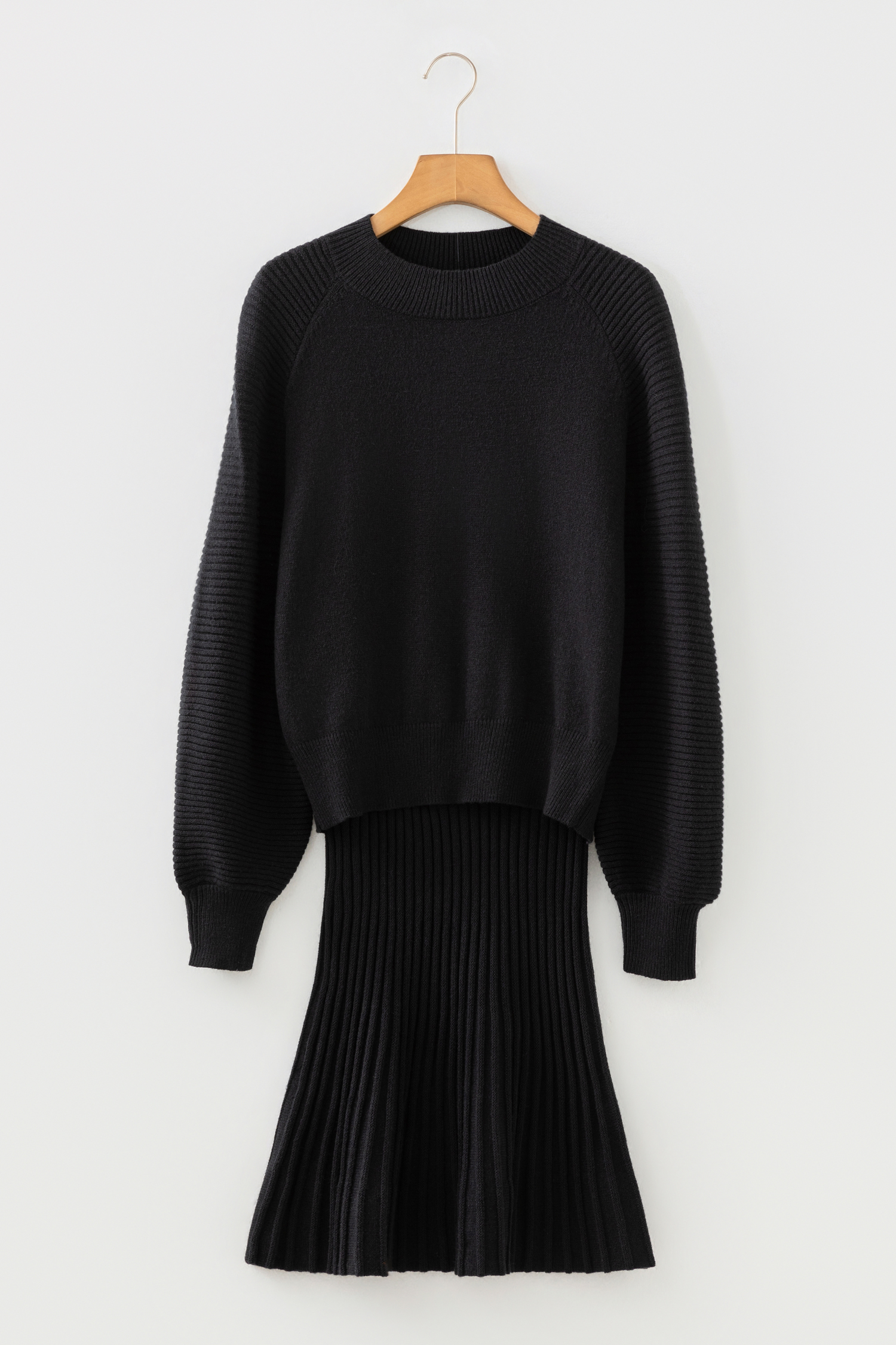 Smoke Gray High Neck Puff Sleeve Sweater Pleated Mini Skirt 2pcs Knitted Outfit