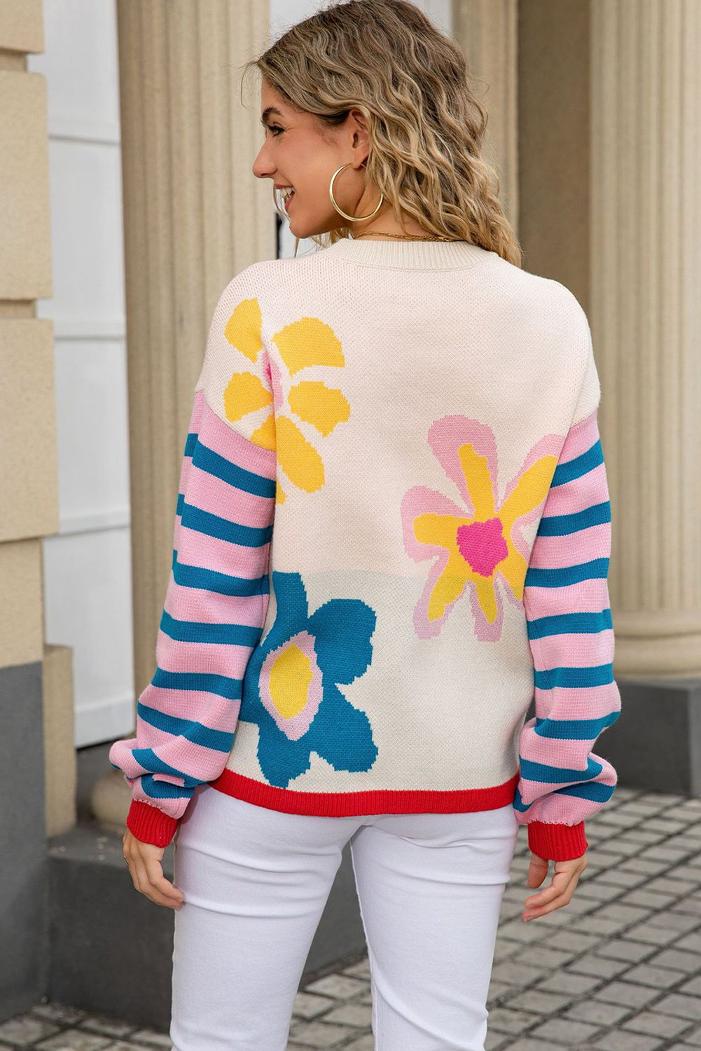 Apricot Cute Flower Pattern Striped Sleeve Sweater