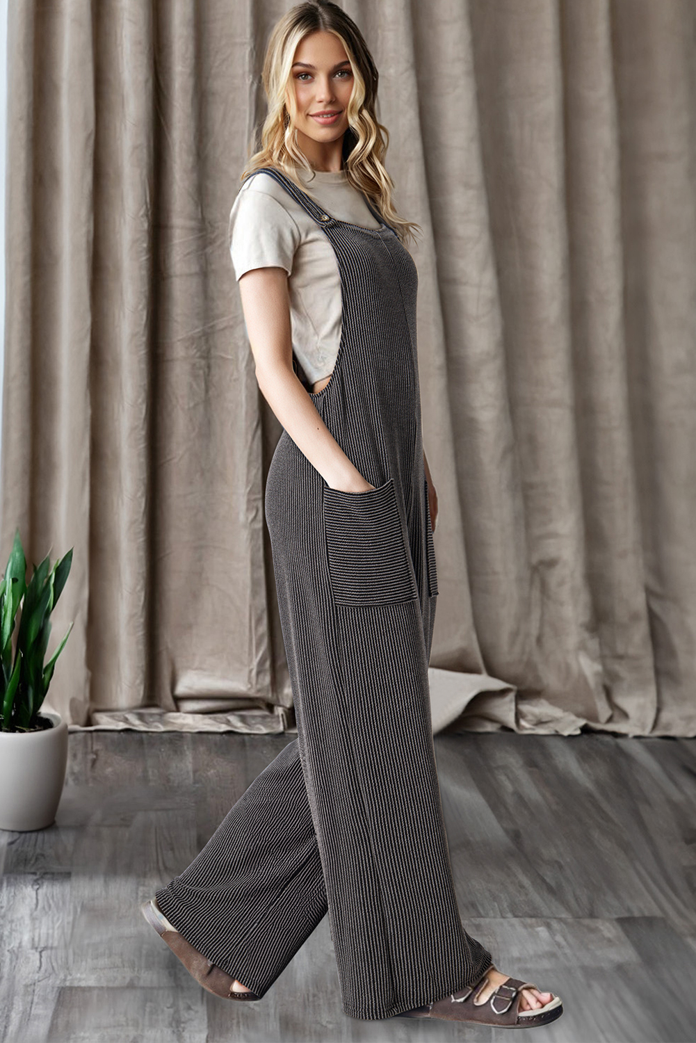 Dark Grey Ribbed Knit Patched Pocket Wide Leg Overalls