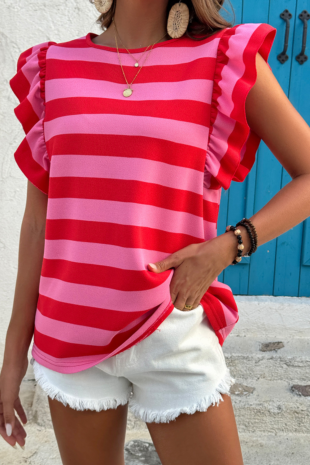 Green Stripe Flutter Sleeve Round Neck Shift Dress