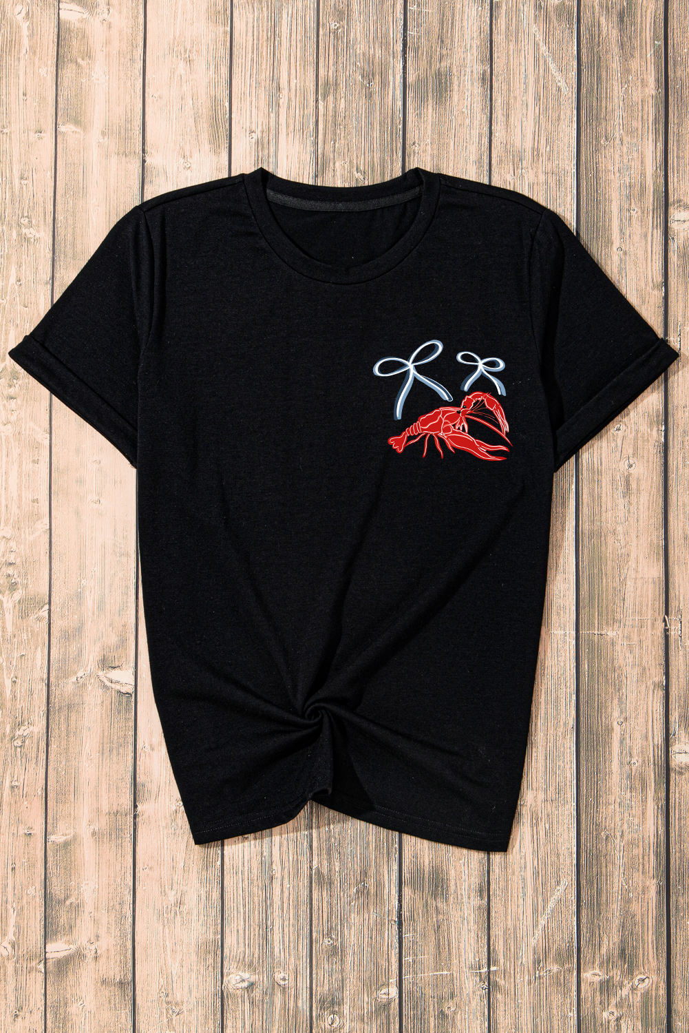 Black Girlie Bow Crawfish Printed T Shirt