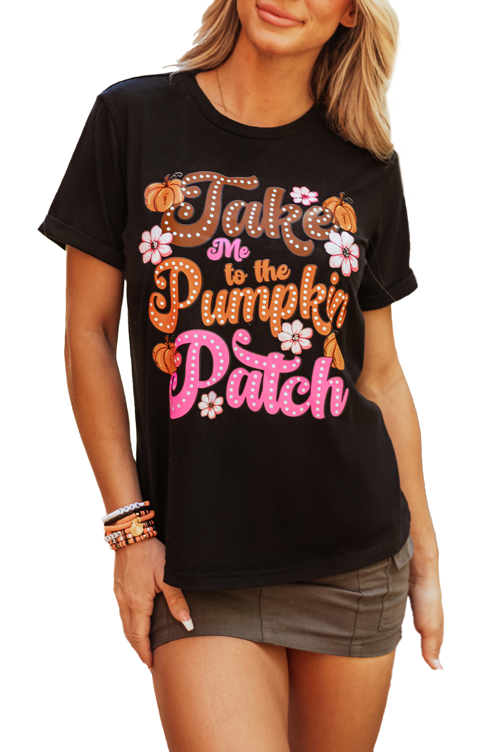 Black Halloween Ghost Pumpkin Print Crew Neck T Shirt