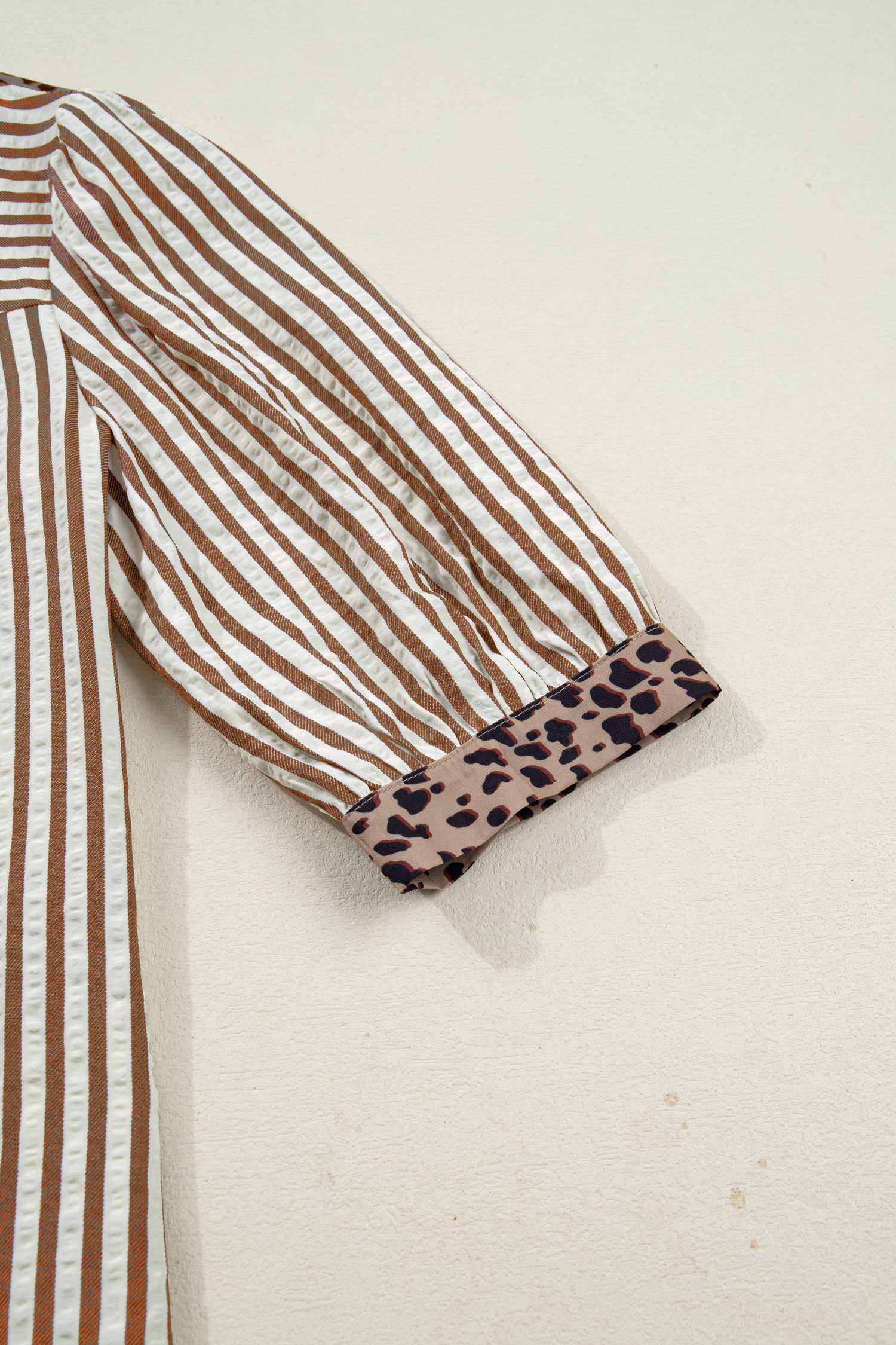 Sky Blue Stripe Leopard Trim V Neck Button Down Half Sleeve Shirt