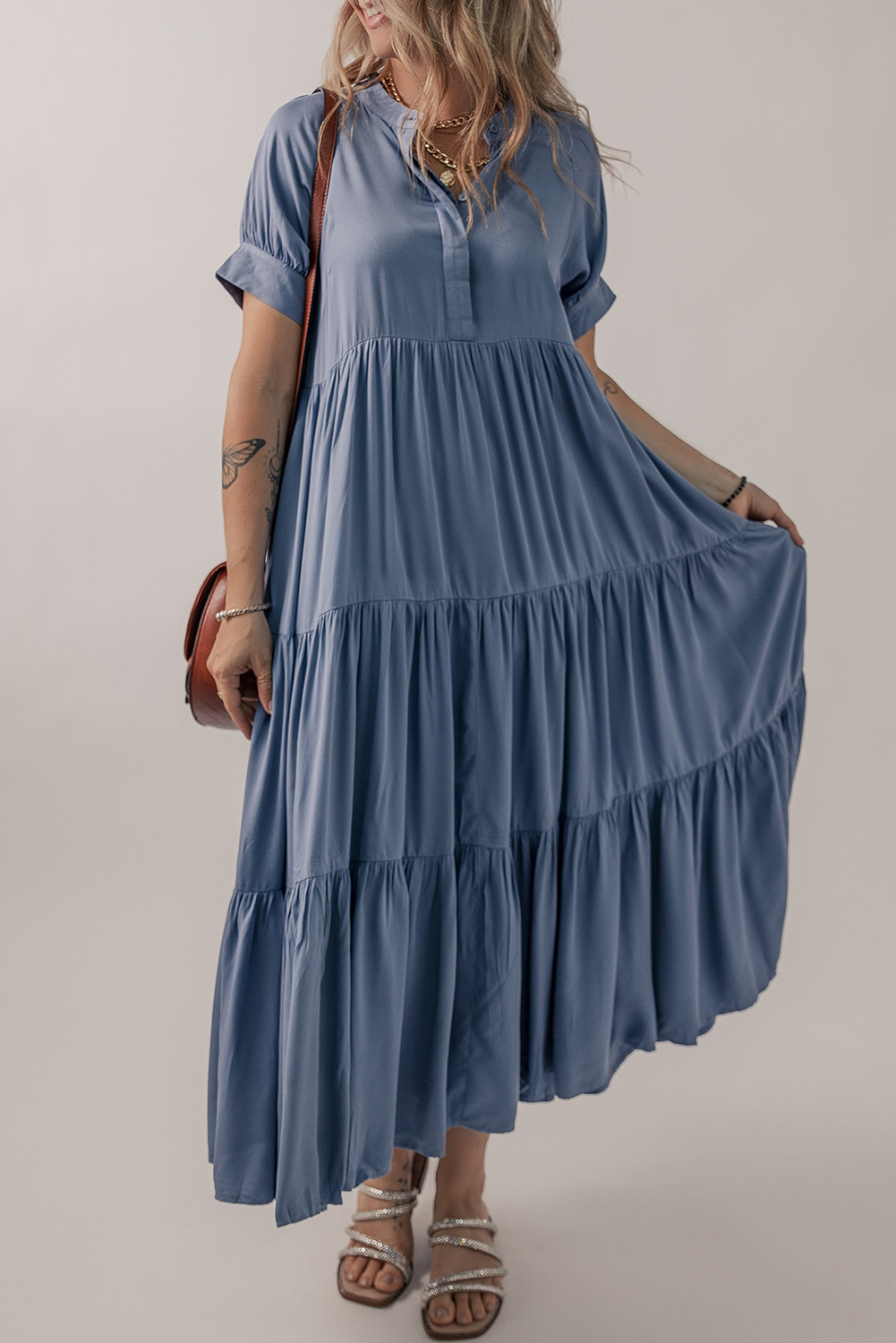 Ashleigh Blue Hidden Buttons Short Sleeve Ruffle Tiered Long Flared Dress