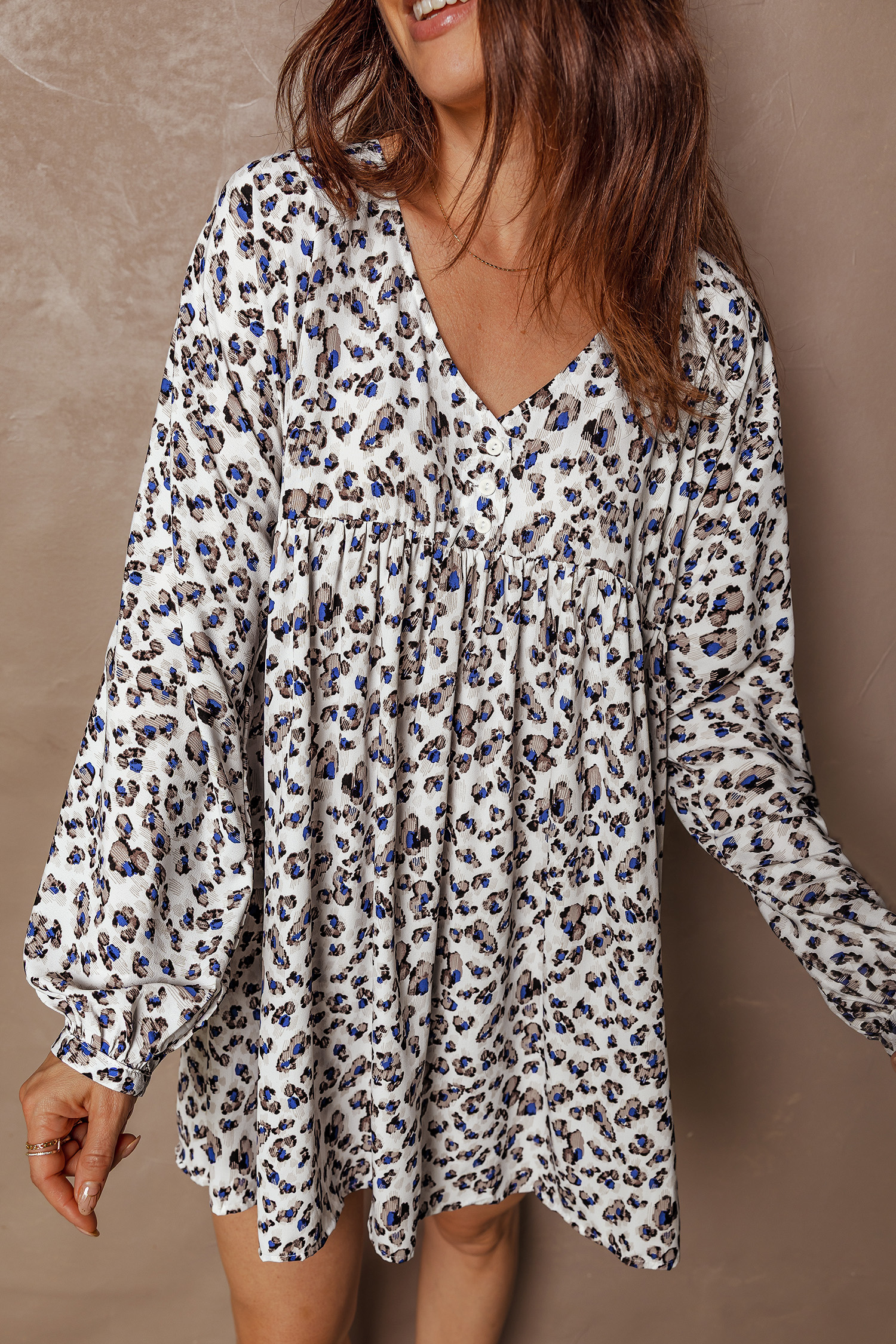 Multicolour Leopard Print V Neck Button Detail Long Sleeve Mini Dress
