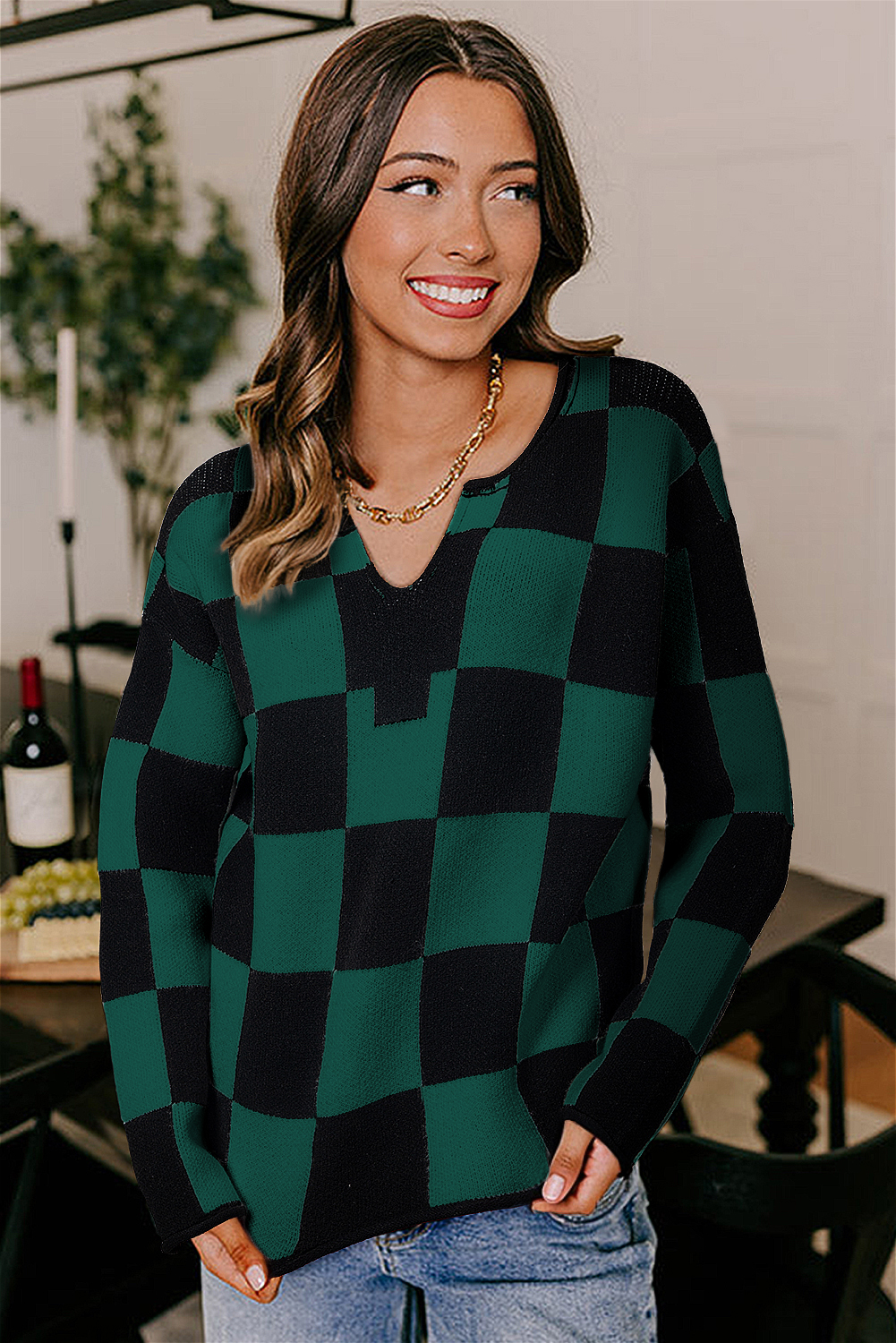 Black Checked Notched Neckline Drop Shoulder Knit Sweater