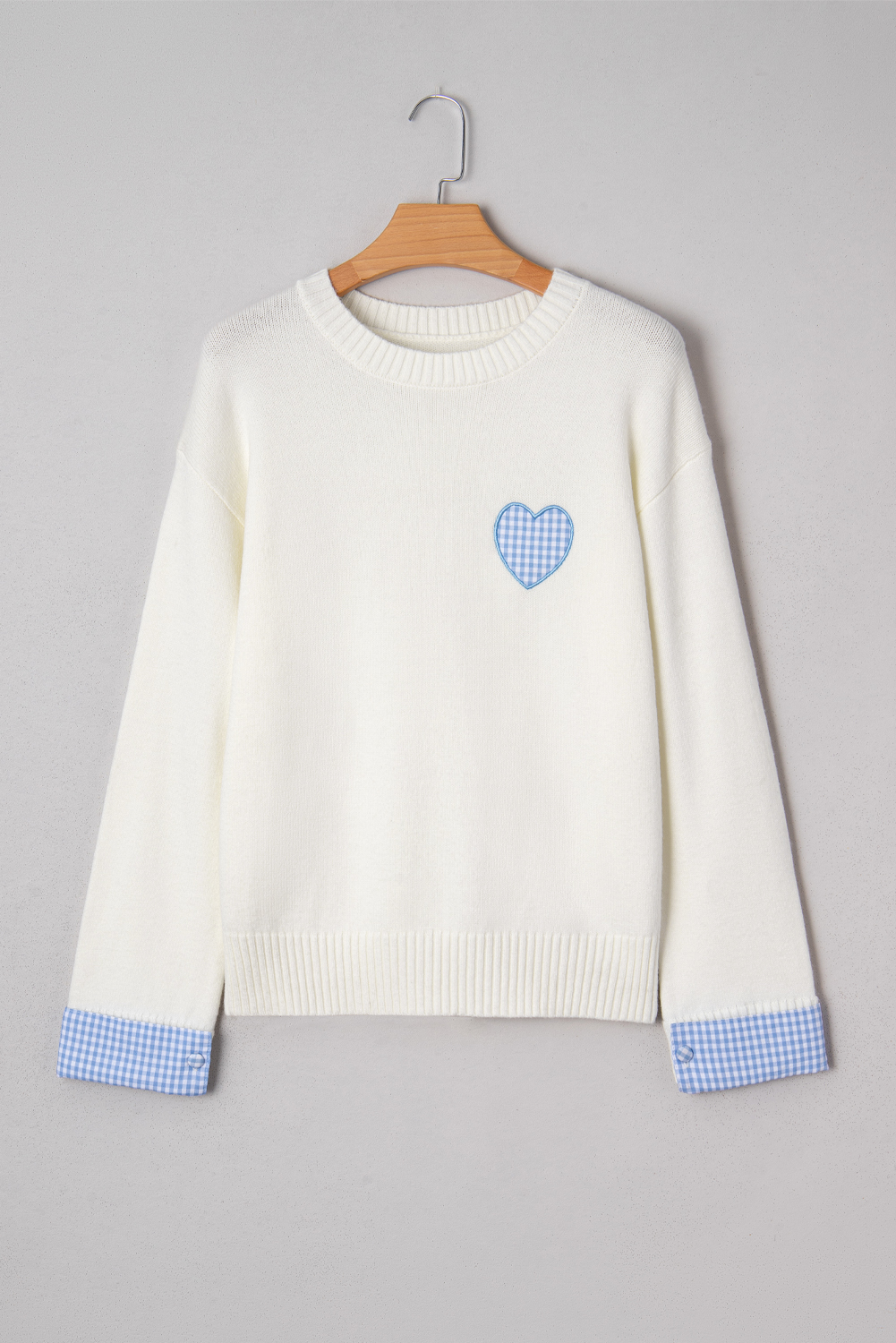 Light Pink Plaid Heart Embroidered Cuffed Drop Shoulder Crew Neck Sweater