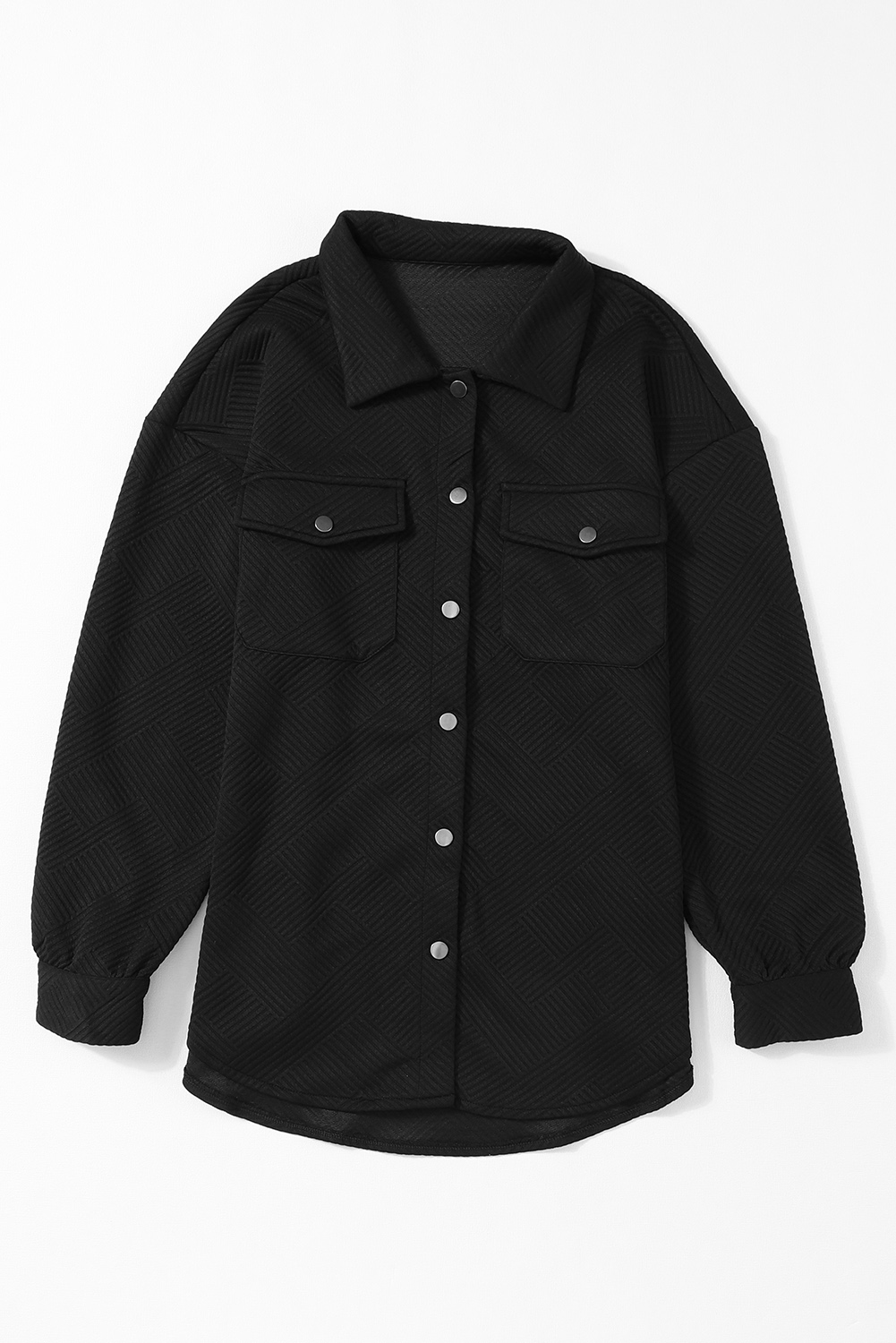 Black Solid Textured Flap Pocket Buttoned Shacket