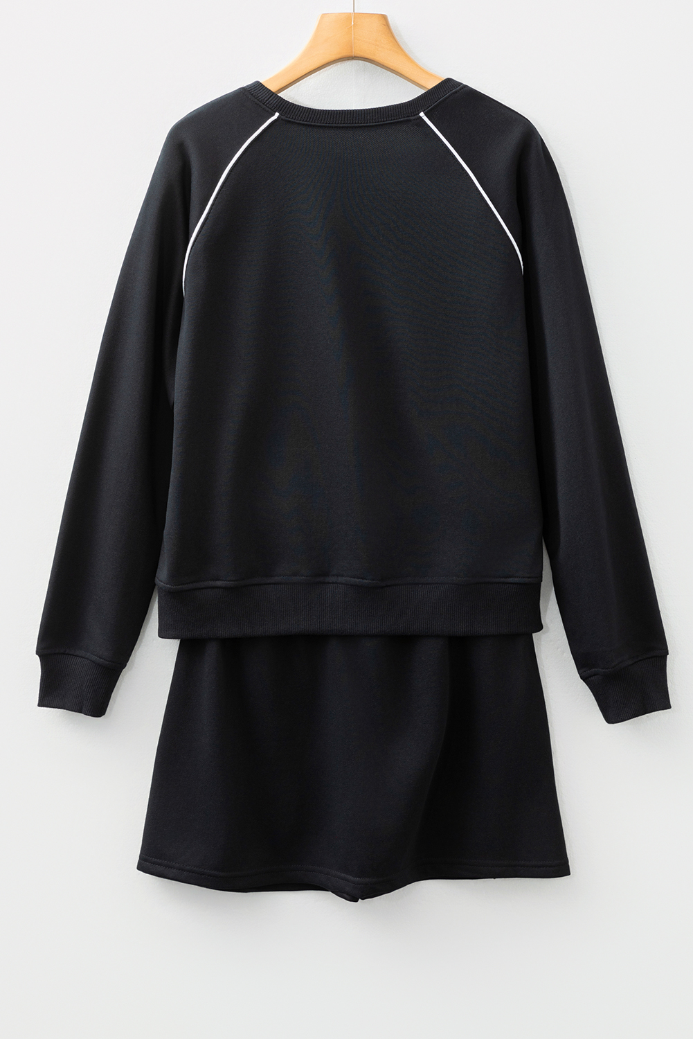 Black Contrast Piping Crewneck Pullover Mini Skirt Set