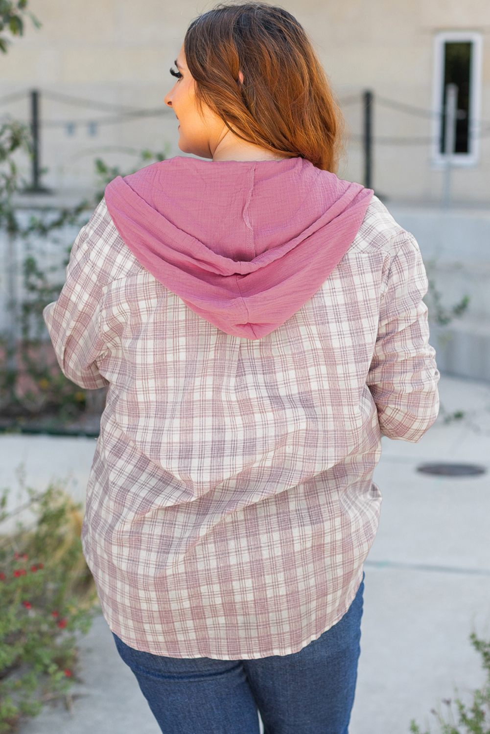 Khaki Checkered Print Loose Fit Buttoned Hooded Shacket