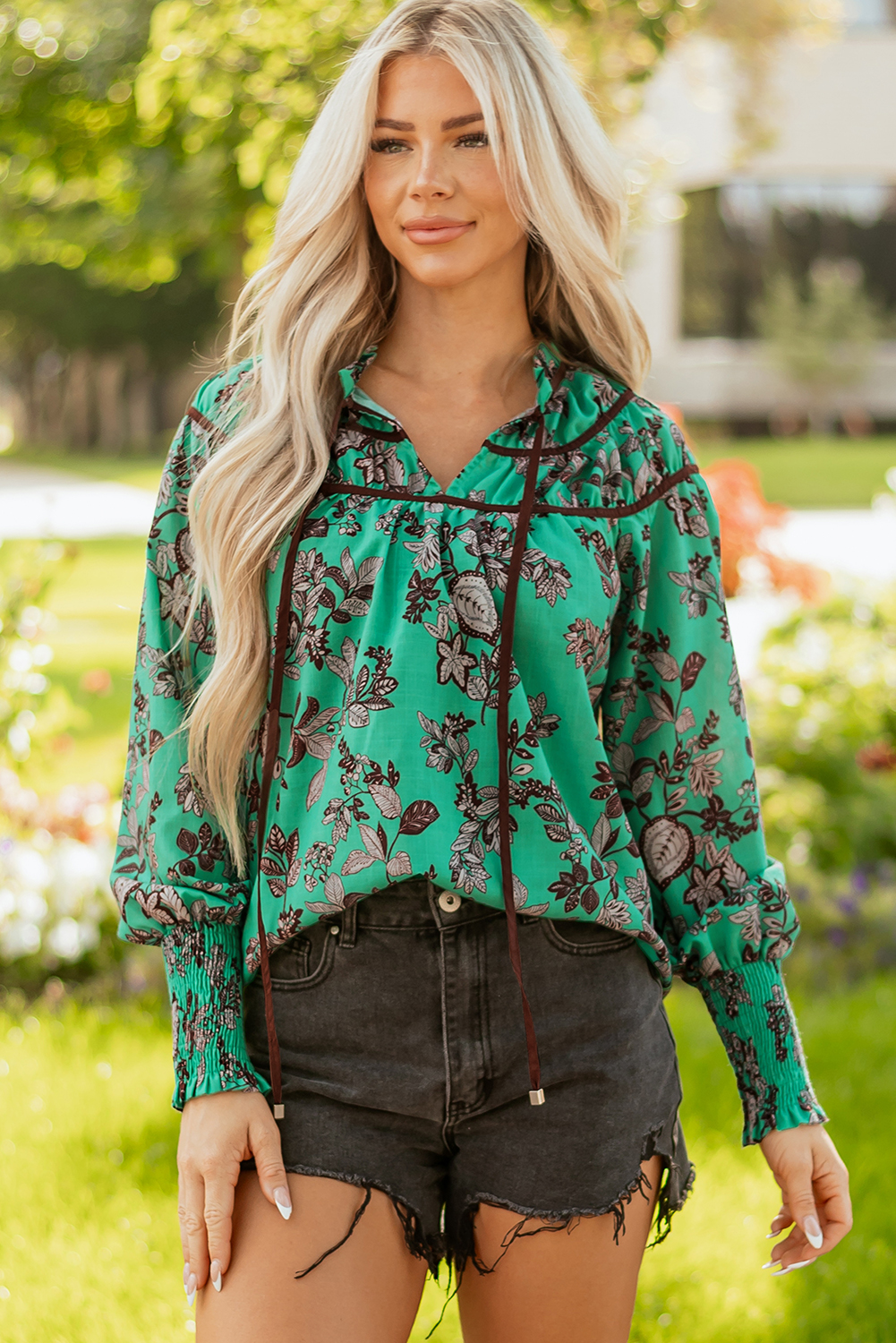 Green Leaves Print Contrast Trim V Neck Shirred Puff Sleeve Blouse