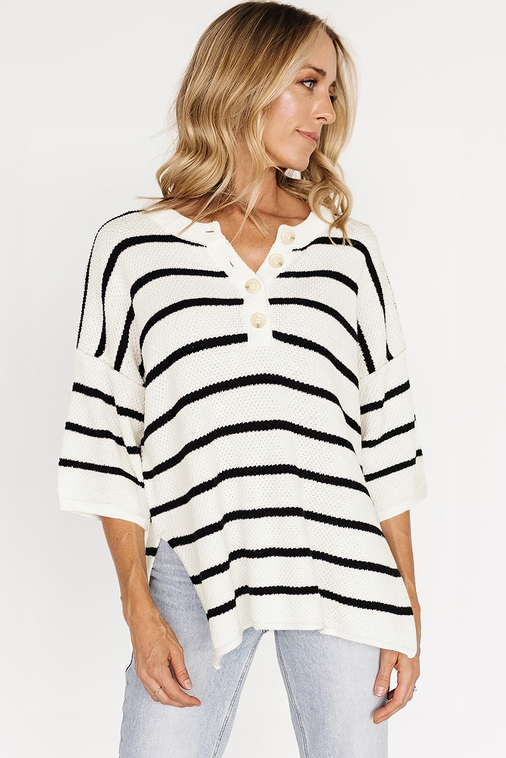 Black Stripe Henley Buttoned Placket Drop Shoulder Bracelet Sleeve Knit Sweater Tee
