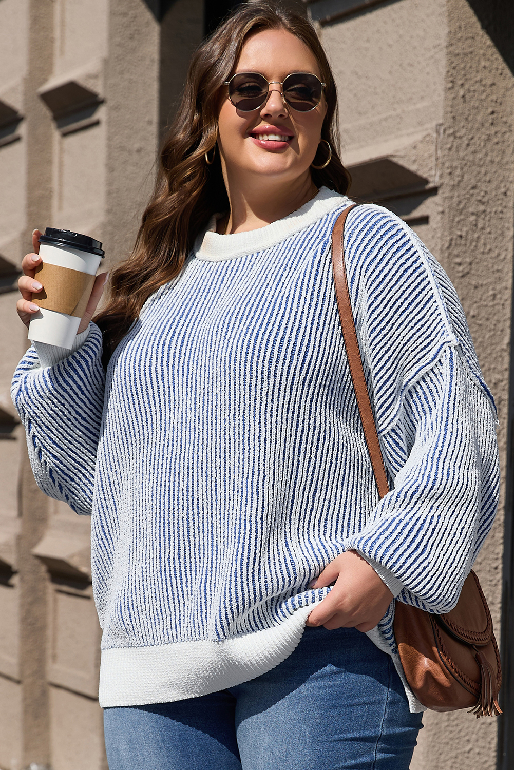 Bright Pink Striped Textured Knit Contrast Edge Loose Sweater