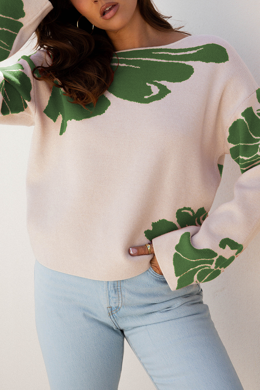 Beige Bold Flower Pattern Wide Sleeve Baggy Sweater