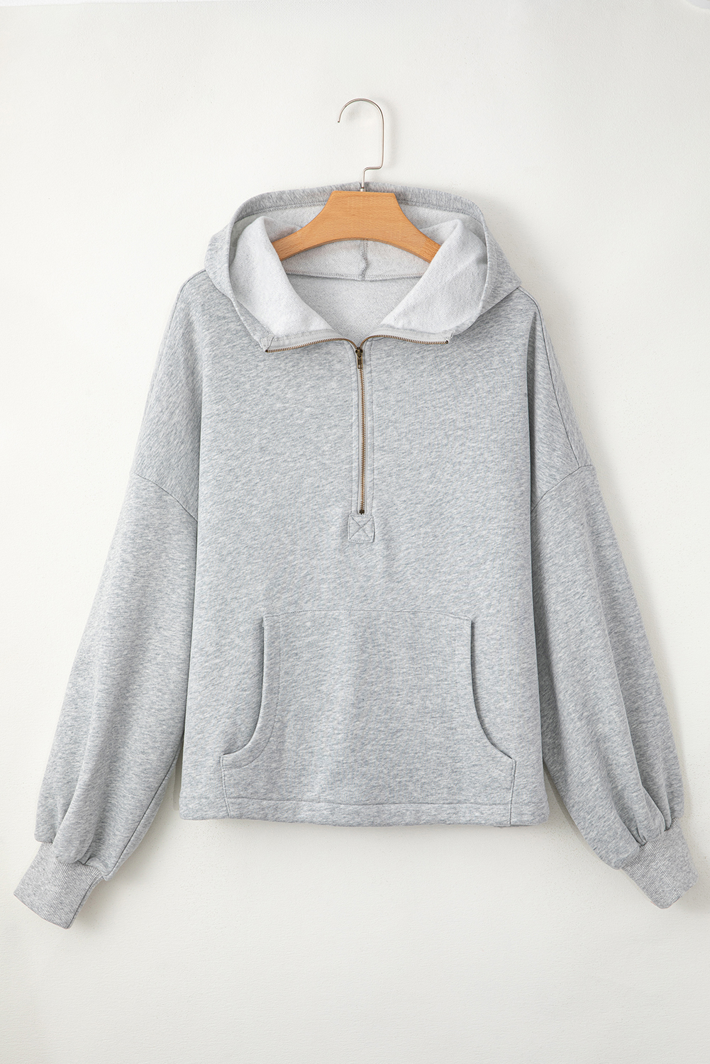 Bonbon Fleece Lined Half Zipper Kangaroo Pockets Loose Hoodie