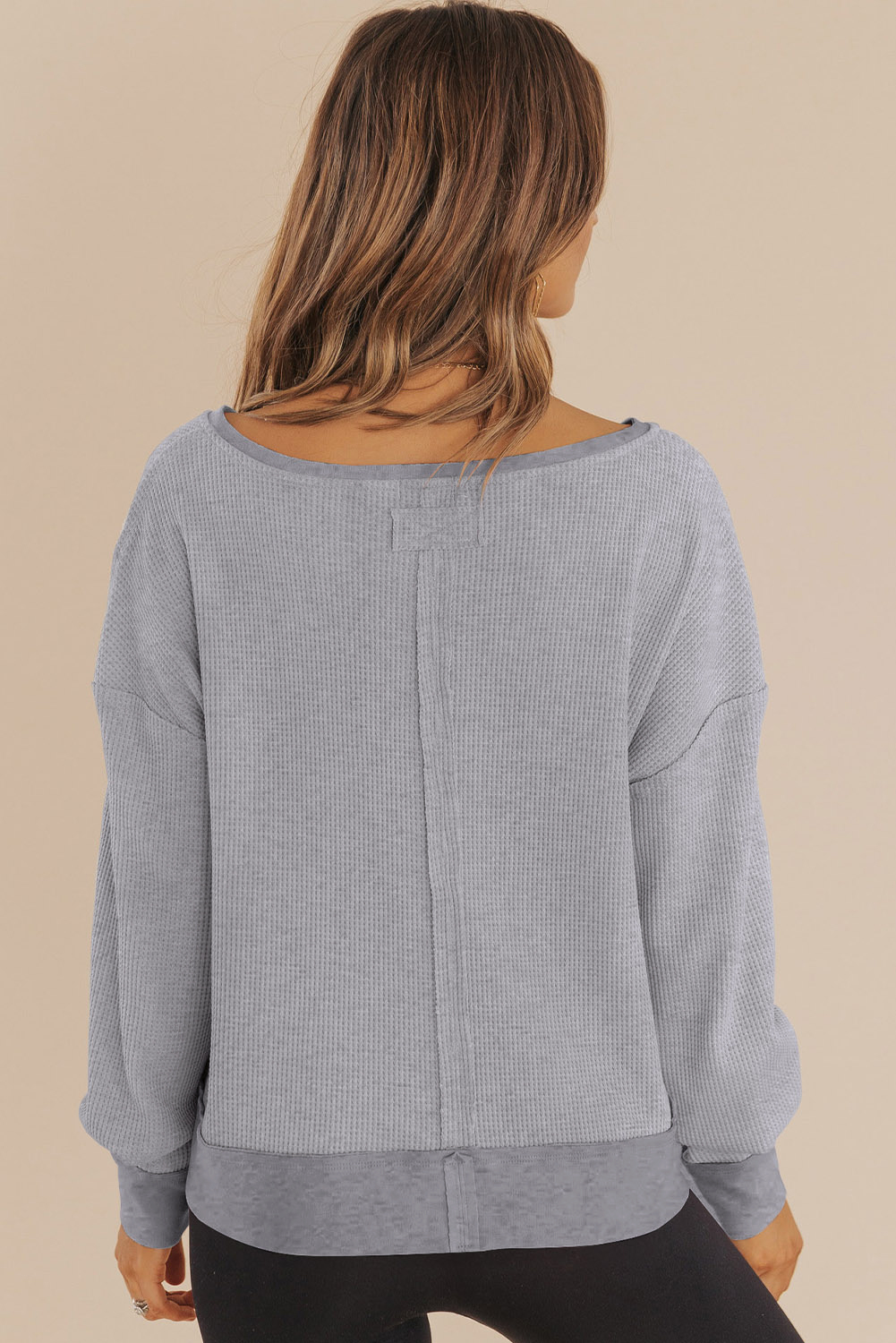 Dark Brown Waffle Knit Notched V Neck Drop Shoulder Solid Sweatshirt