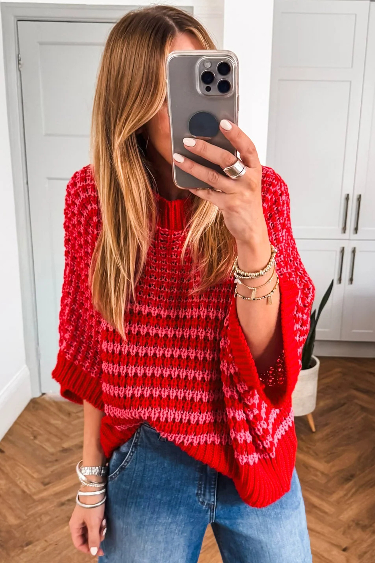Black Stripe 3/4 Draped Sleeve Slouchy Sweater