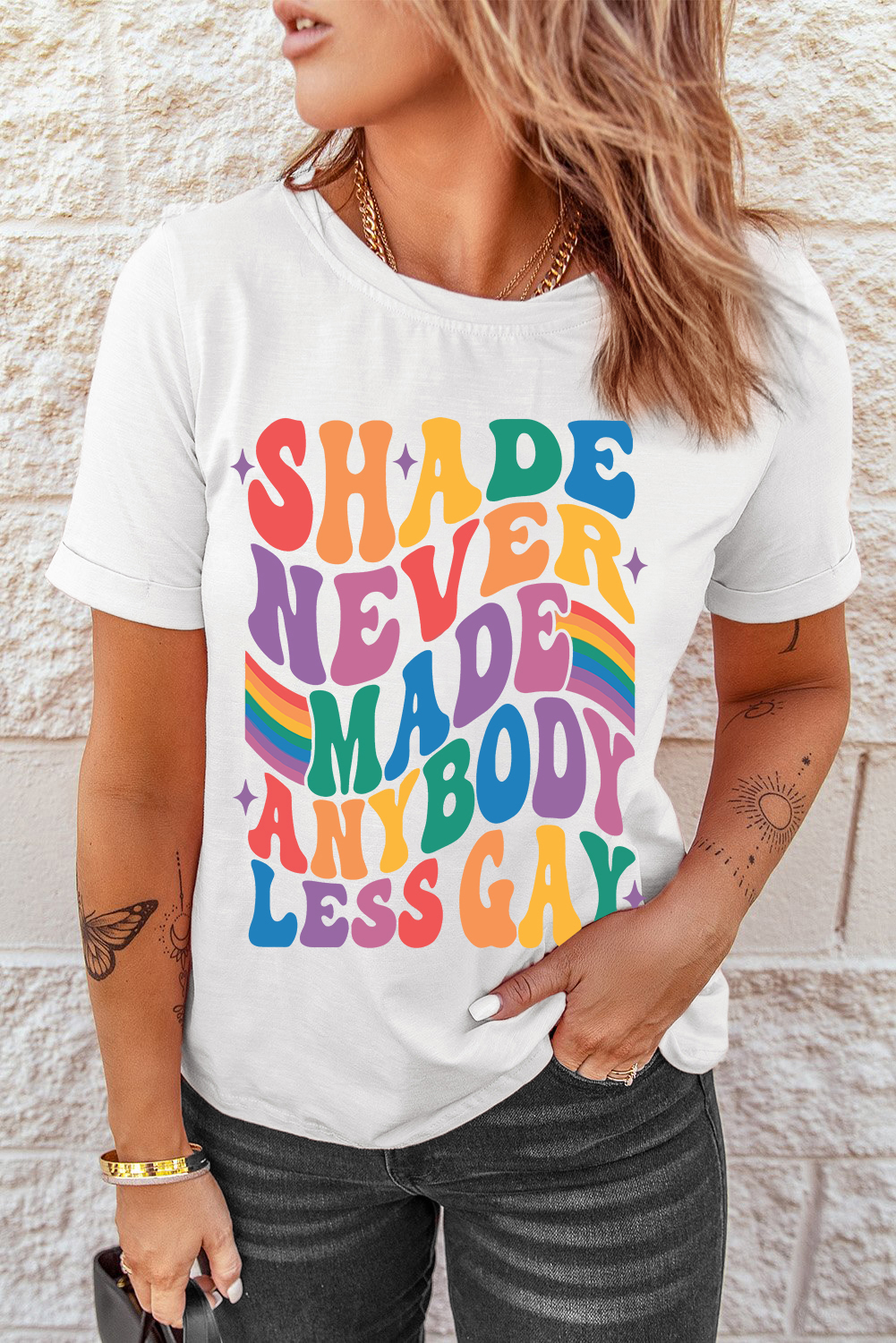 White SHADE NEVER MADE ANYBODY LESS GAY Pride Graphic Tee