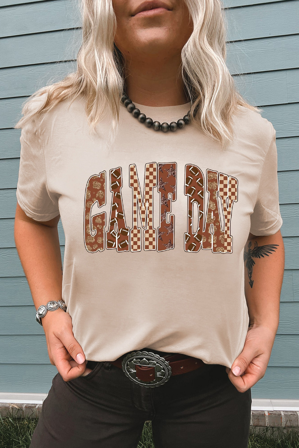 Khaki GAME DAY Rugby Checkered Letter Graphic T Shirt