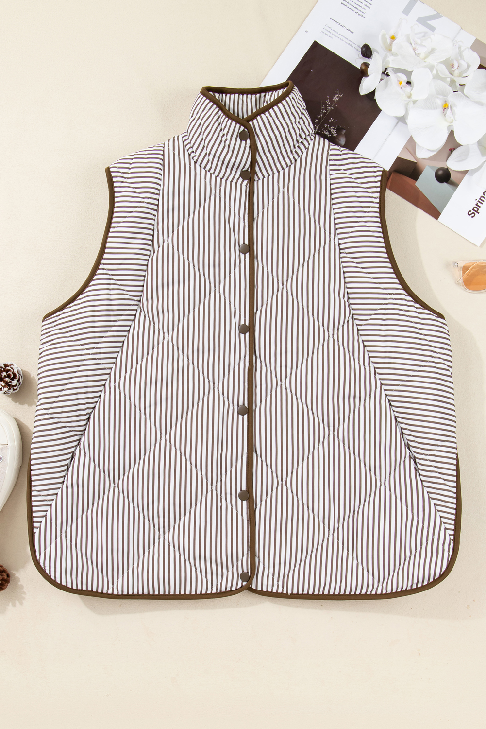 Black Stripe Contrast Trim Snap Button Collared Winter Vest