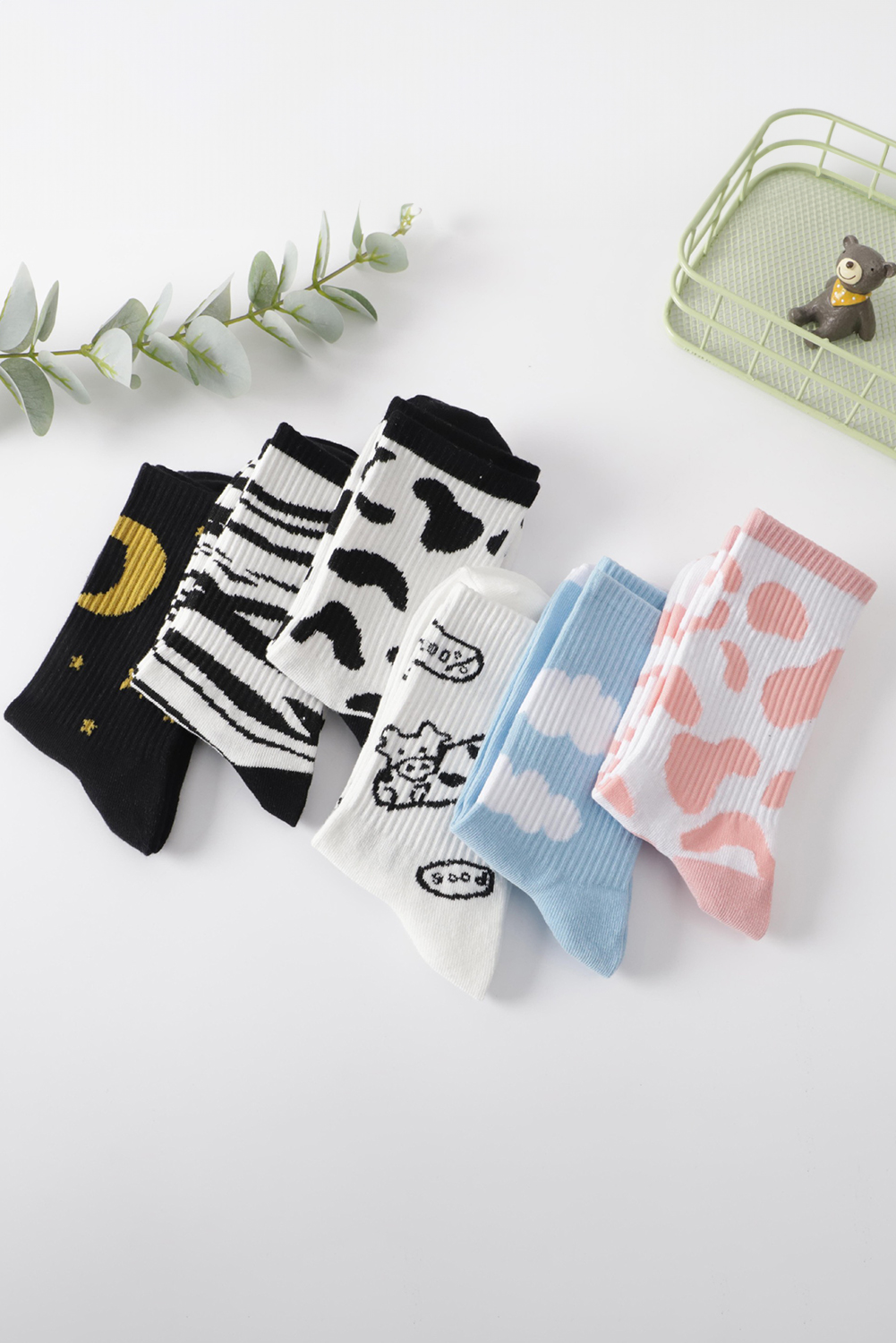 Pink Cow Print Ribbed Detail Crew Socks