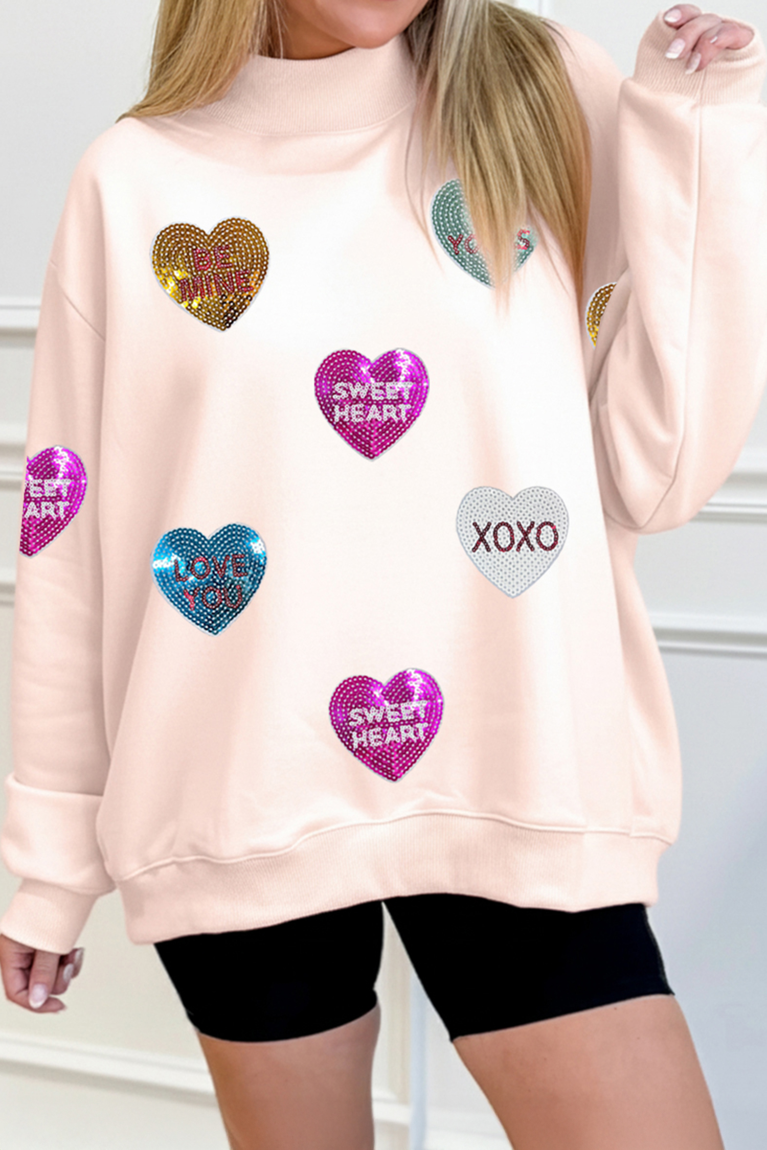 Apricot Pink Cowgirl Element Embroidered Detail Mock Neck Sweatshirt