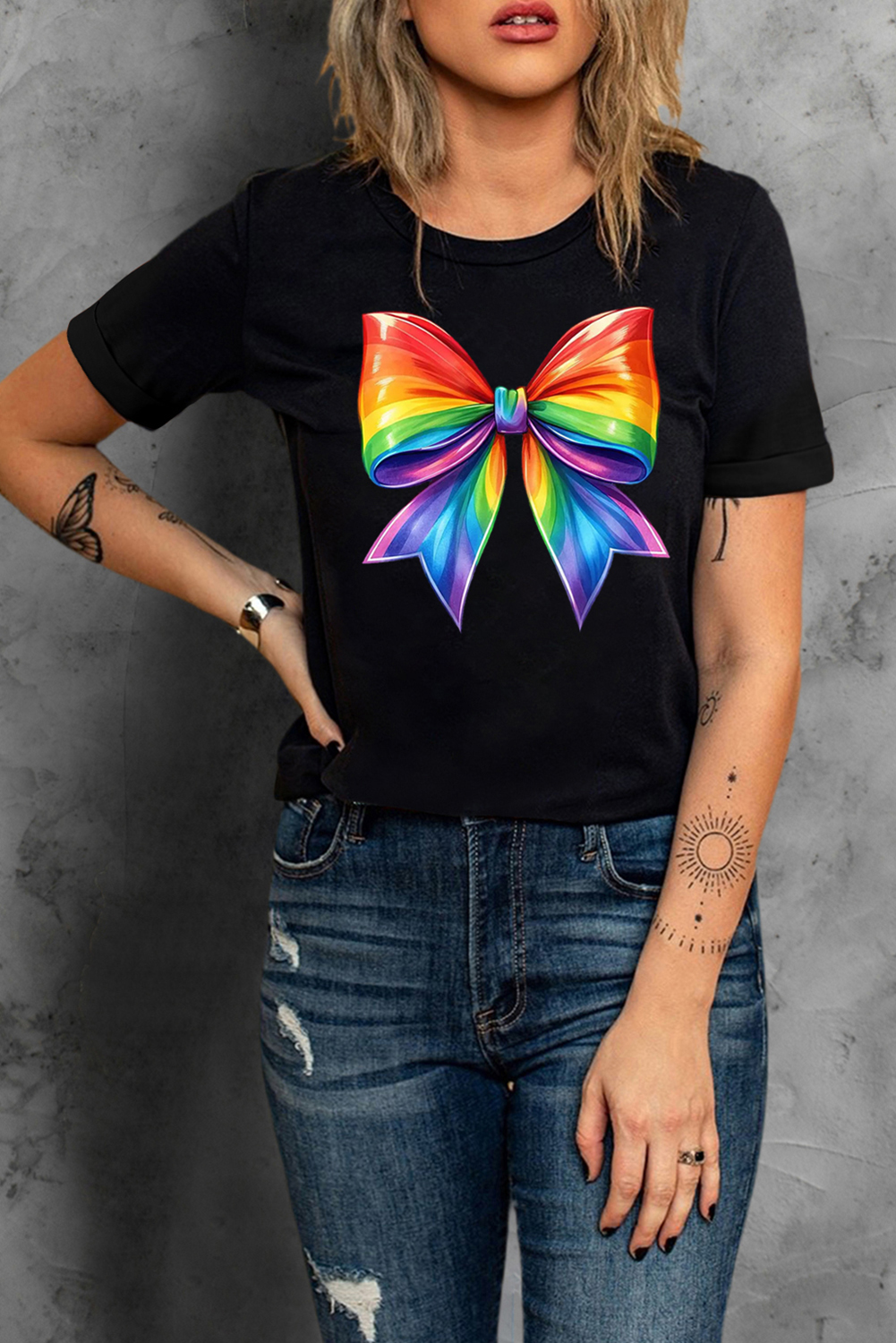 Black Pride Bow Graphic Round Neck T Shirt