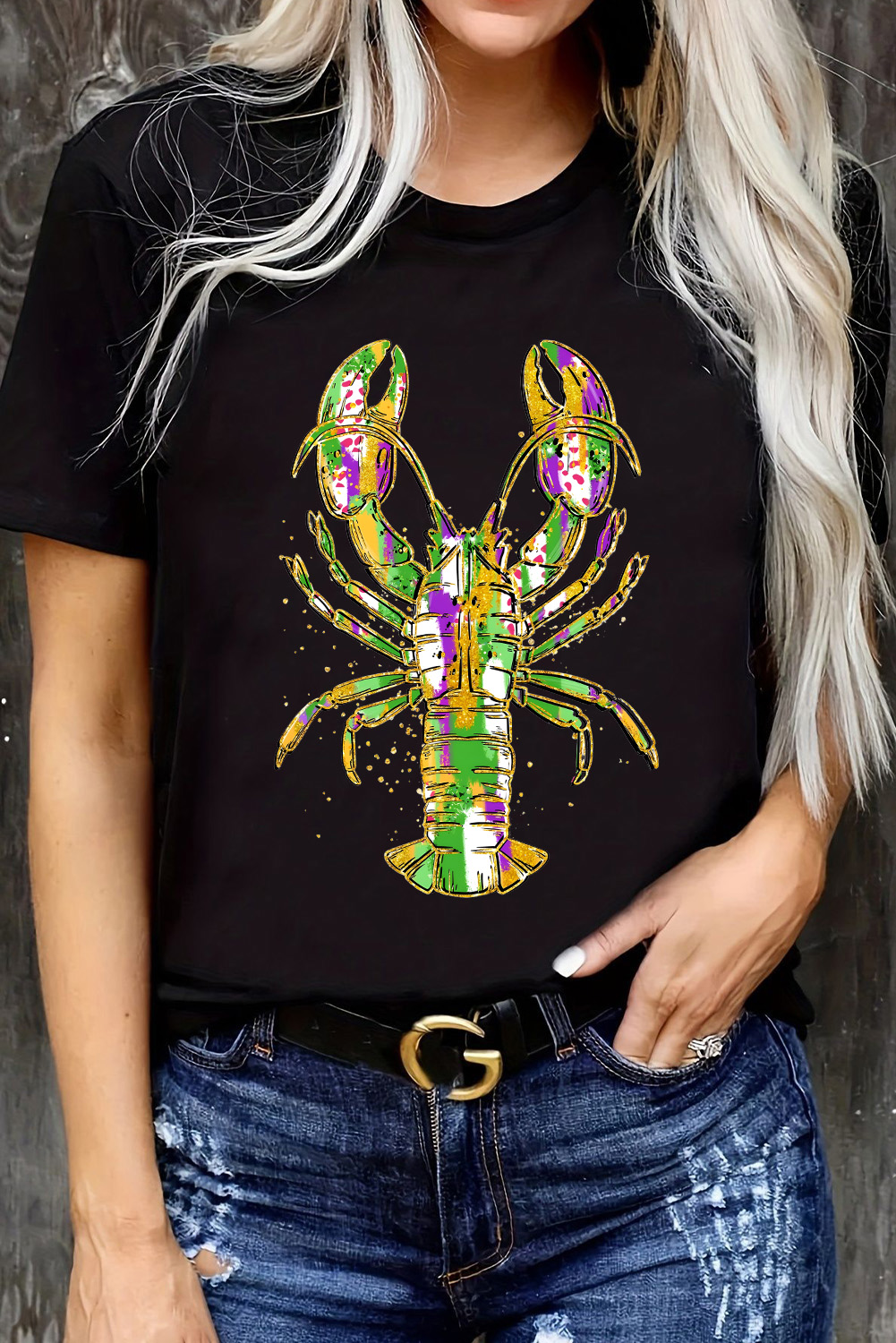 Black Mardi Gras Lobster Heat Transfer Graphic T Shirt