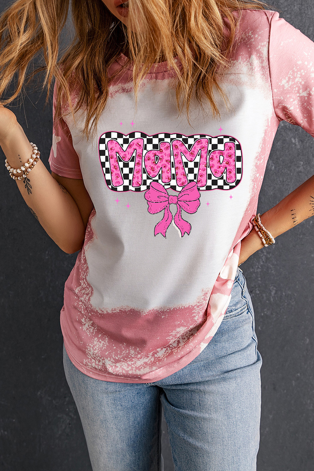 Pink Checkered Bow MAMA Graphic Tie-dye Tee