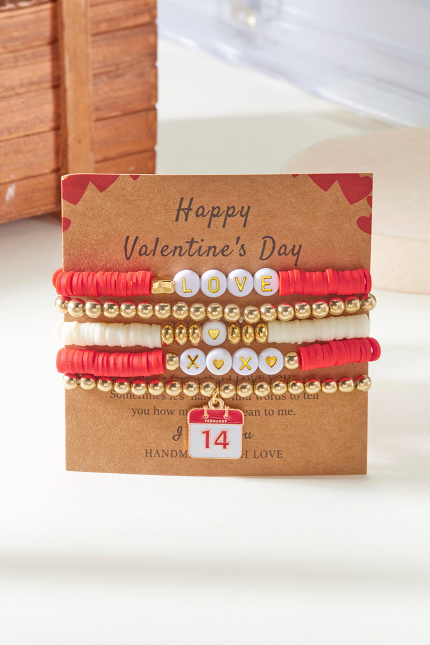 Gold Valentines Day Mixed Beads 5pcs Bracelet Set