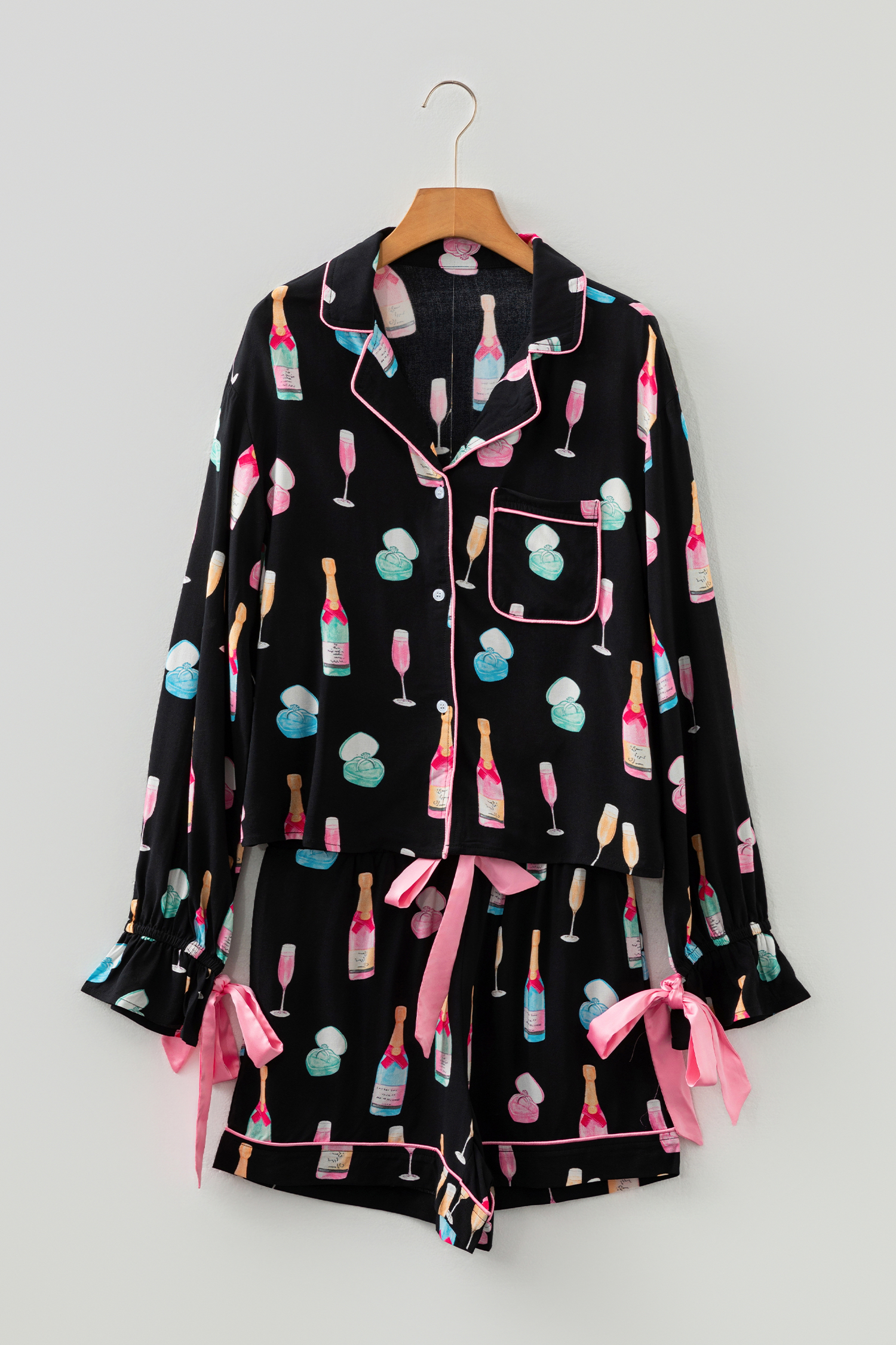 White Christmas Wine Glass Print Bow Knot Two Piece Pajama Set